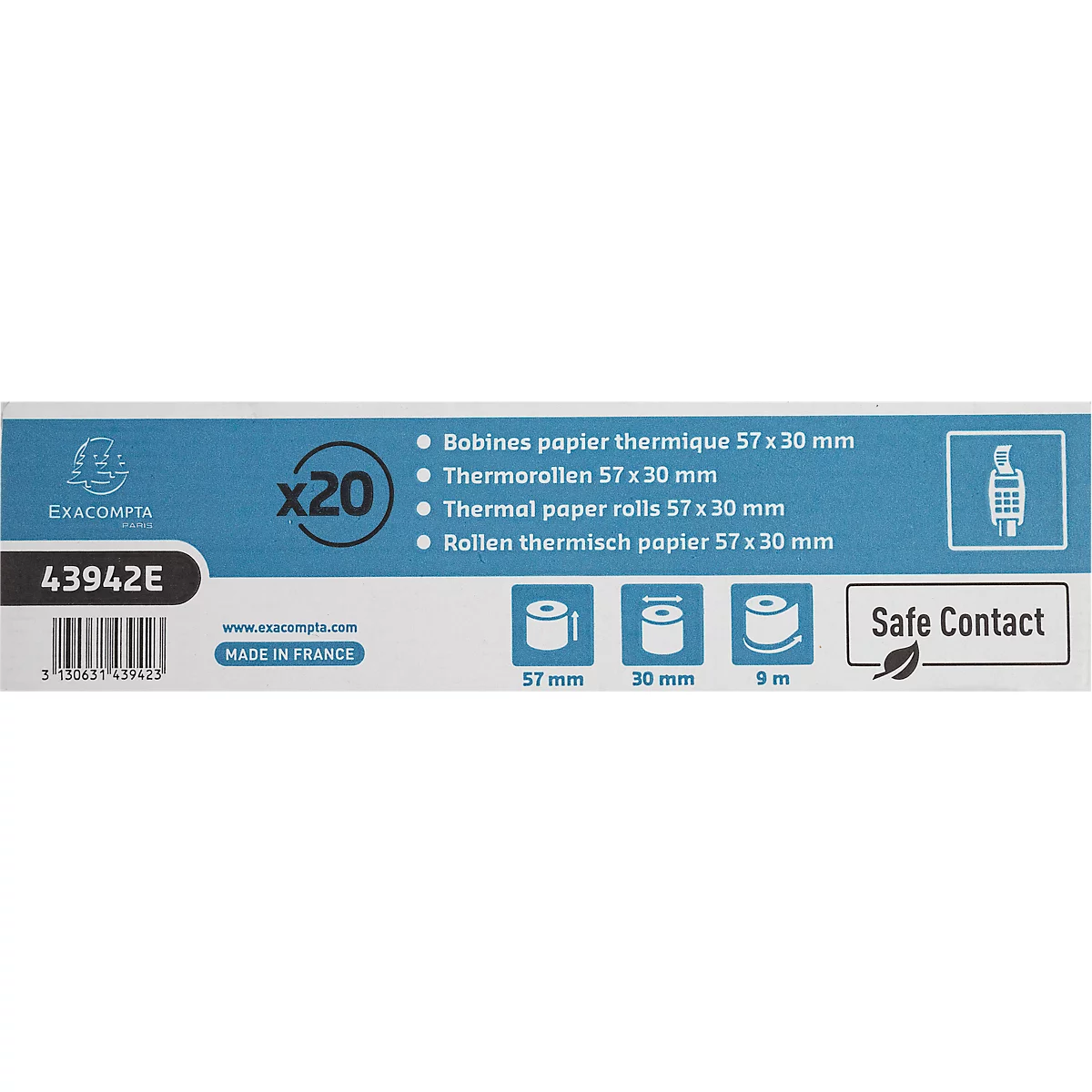 Thermische rol Safe Contact, 1-laags, 52 g/m², B 57 mm x L 9 m, Ø 30 mm, 20 rollen, blauwgrijs