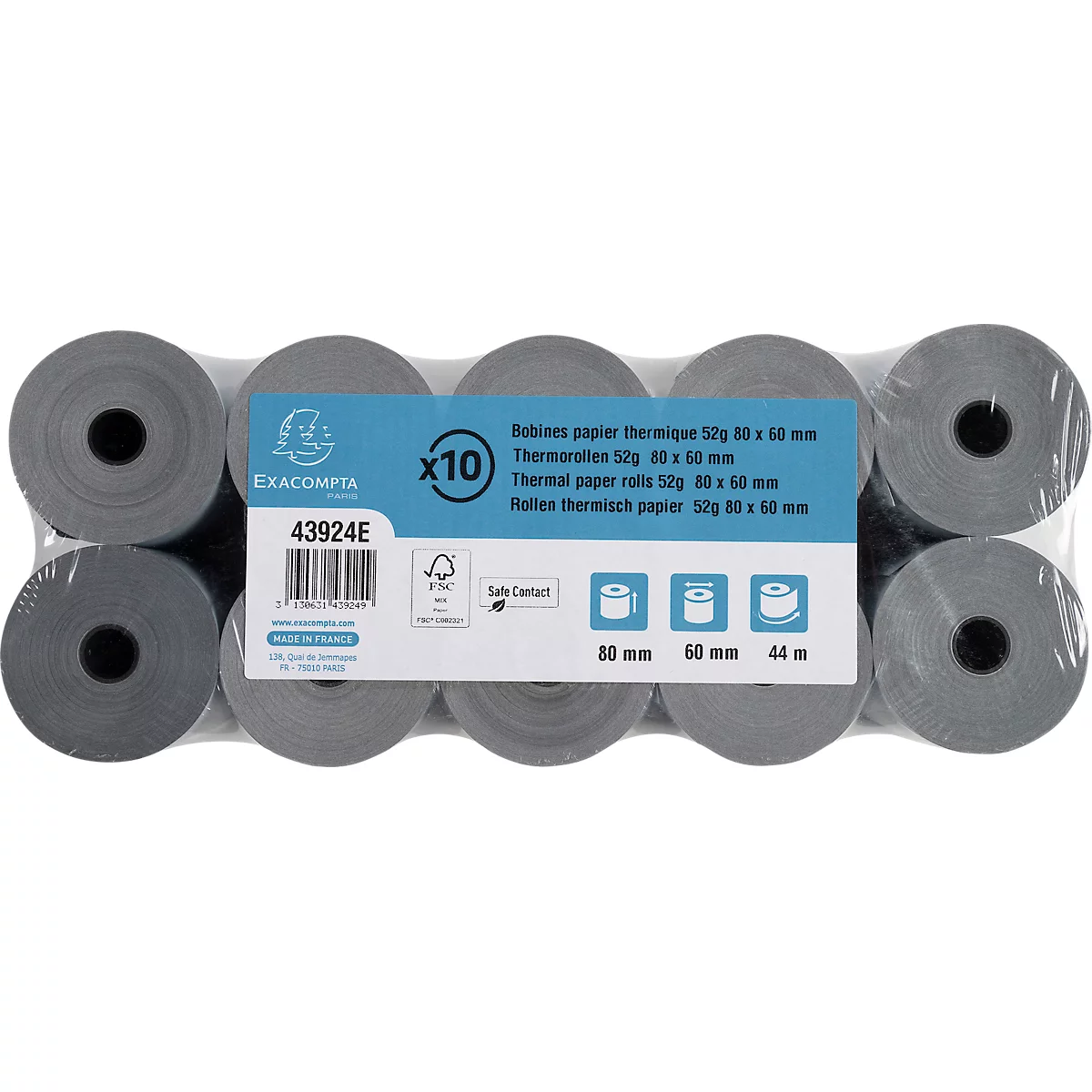 Thermische rol Safe Contact, 1-laags, 52 g/m², B 80 mm x L 44 m, Ø 60 mm, 10 rollen, blauwgrijs