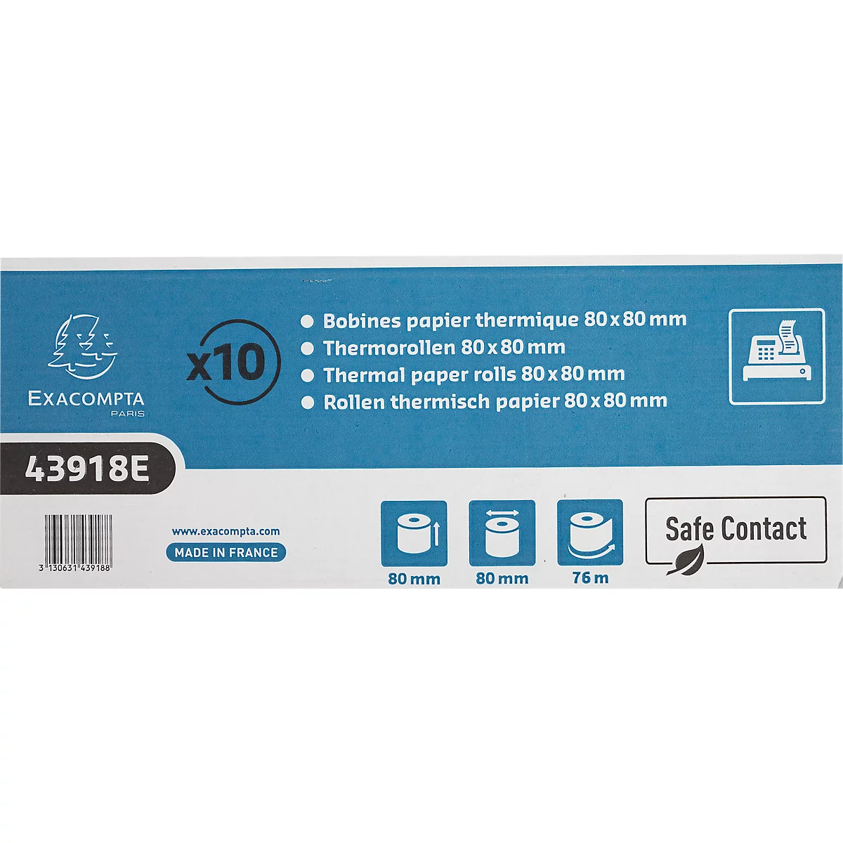 Thermische rol Safe Contact, 1-laags, 52 g/m², B 80 mm x L 76 m, Ø 80 mm, 10 rollen, blauwgrijs