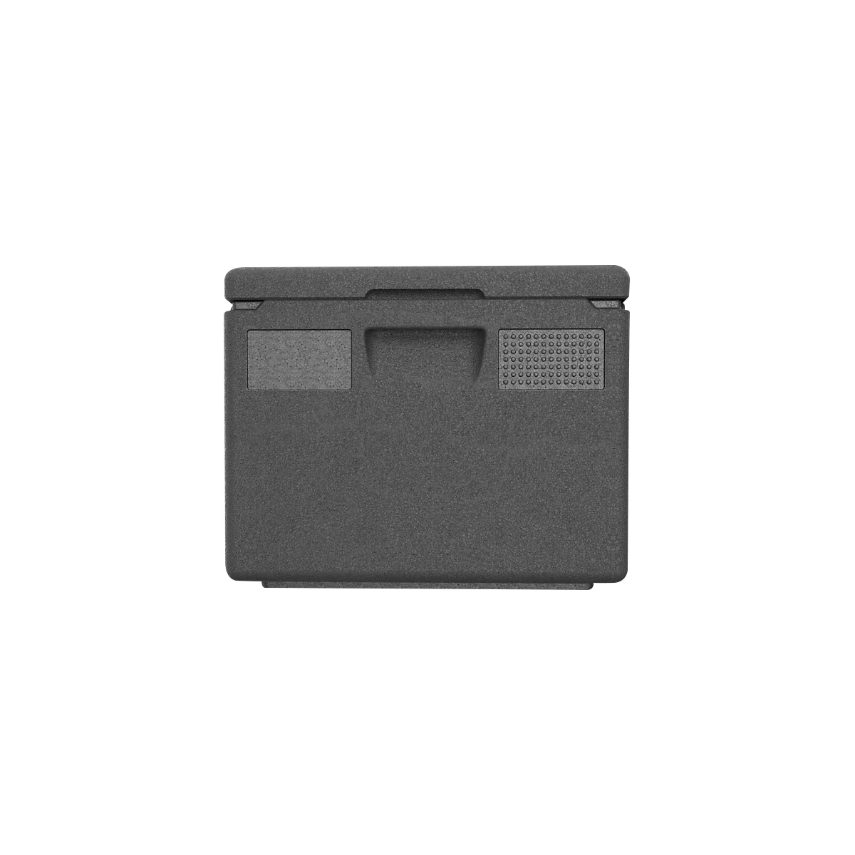 Donkergrijze koelbox, met handvat en gestructureerd oppervlak.