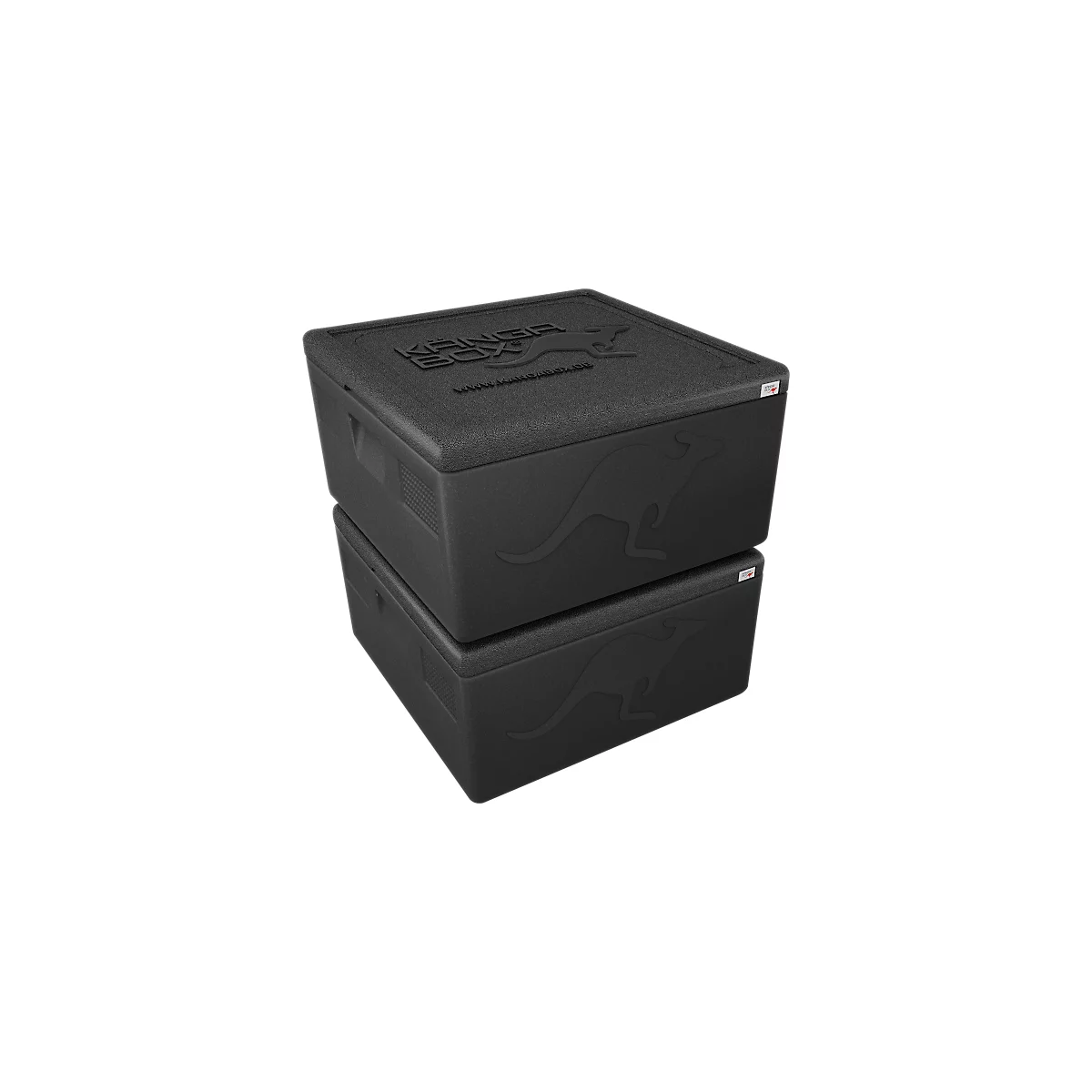 Zwei schwarze isolierte Kisten übereinander, mit Känguru-Logo und Schriftzug "Kanga Box".