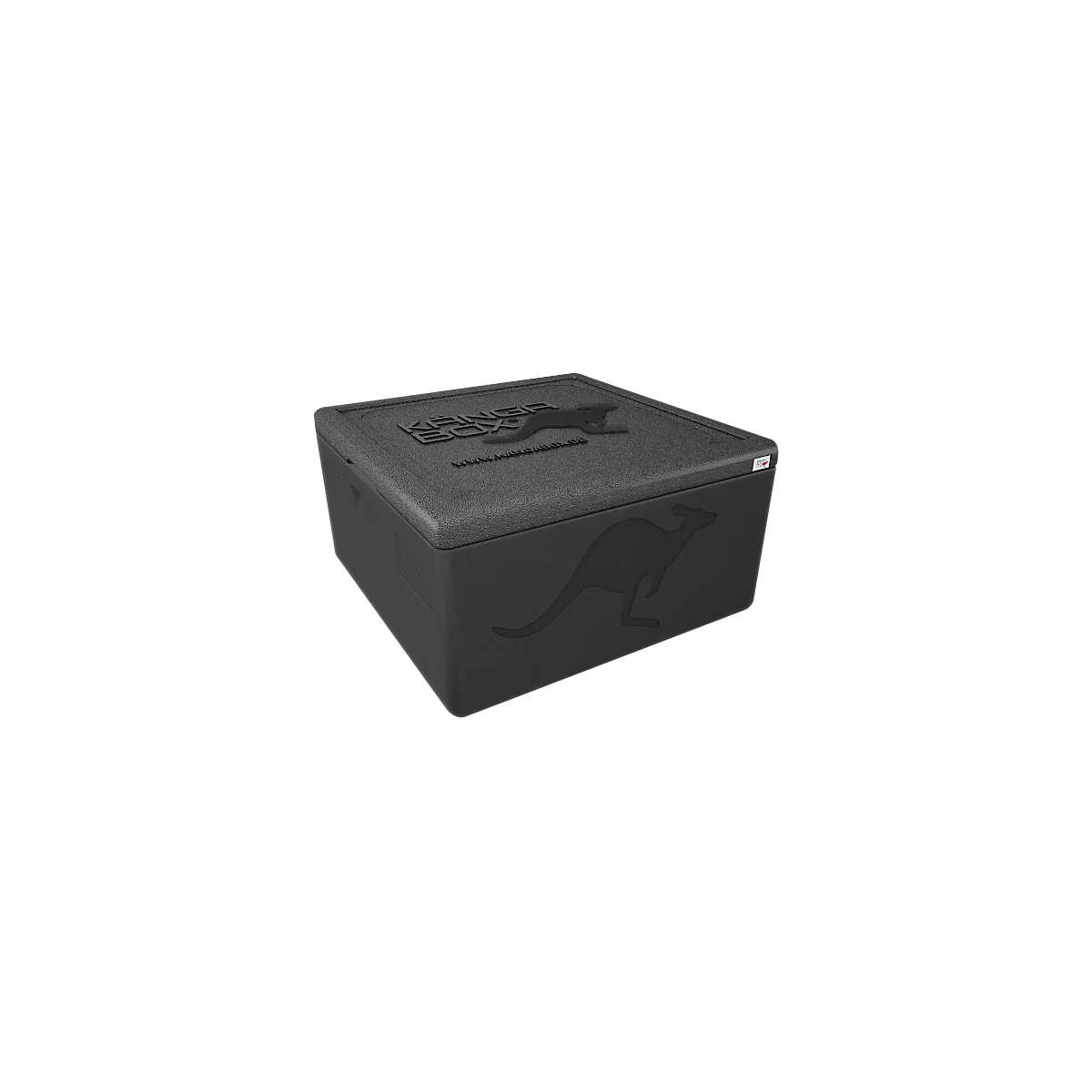 Schwarze Kanga Box-Kühlbox mit Känguru-Logo und Schriftzug.