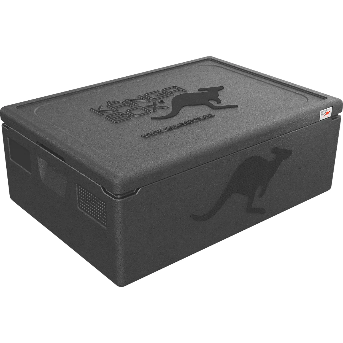 Schwarze isolierte Transportbox aus EPP mit Känguru-Logo und KANGA BOX Schriftzug auf dem Deckel.