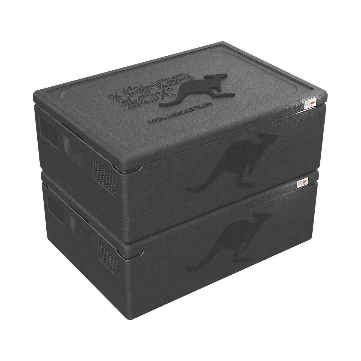 Zwei schwarze KANGABOX-Isolierboxen aus EPP mit Känguru-Logo, übereinander gestapelt vor weißem Hintergrund.