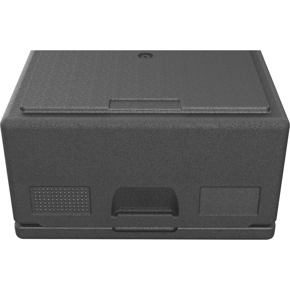 Eine dunkelgraue Isolierbox aus EPP mit glattem Deckel und seitlichen Griffmulden vor weißem Hintergrund.