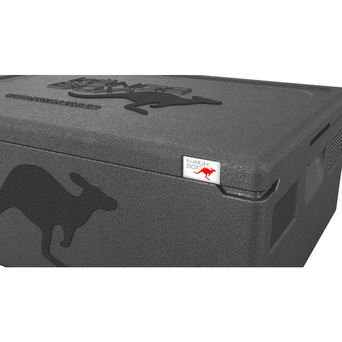 Schwarze Thermobox aus Hartschaum mit Kangaroo-Logo und weißem 'Kangaroo Box'-Etikett.