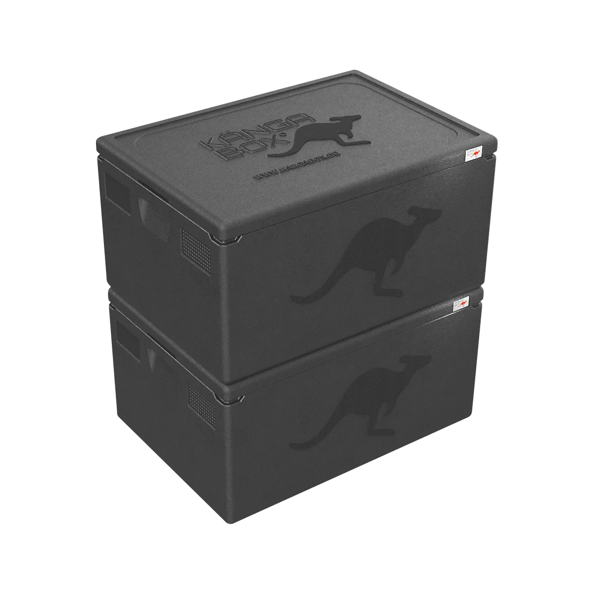 Zwei schwarze, übereinander gestapelte Kangabox-Isolierbehälter aus EPP-Schaum mit Känguru-Logo.
