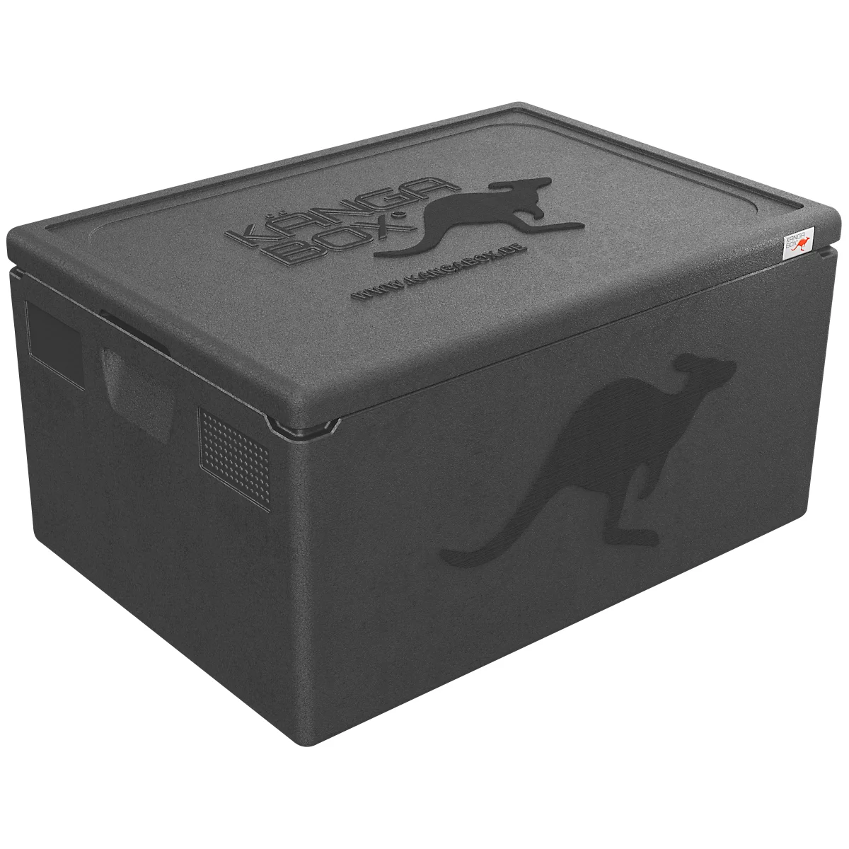 Schwarze isolierte Transportbox Kangabox mit Känguru-Logo auf dem Deckel und der Vorderseite.