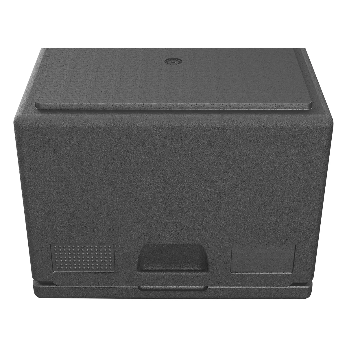 Schwarze Thermobox aus EPP mit glatter Oberfläche und integrierten Tragegriffen.