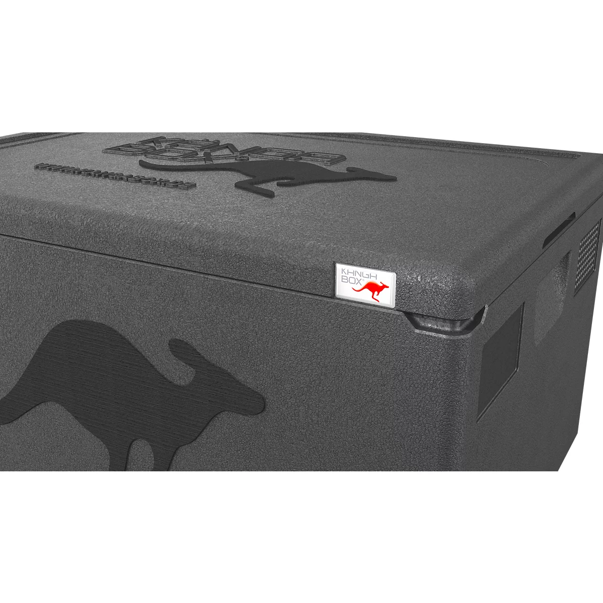 Nahaufnahme einer schwarzen Isolierbox aus Hartschaum mit Känguru-Logo und Markenaufkleber.