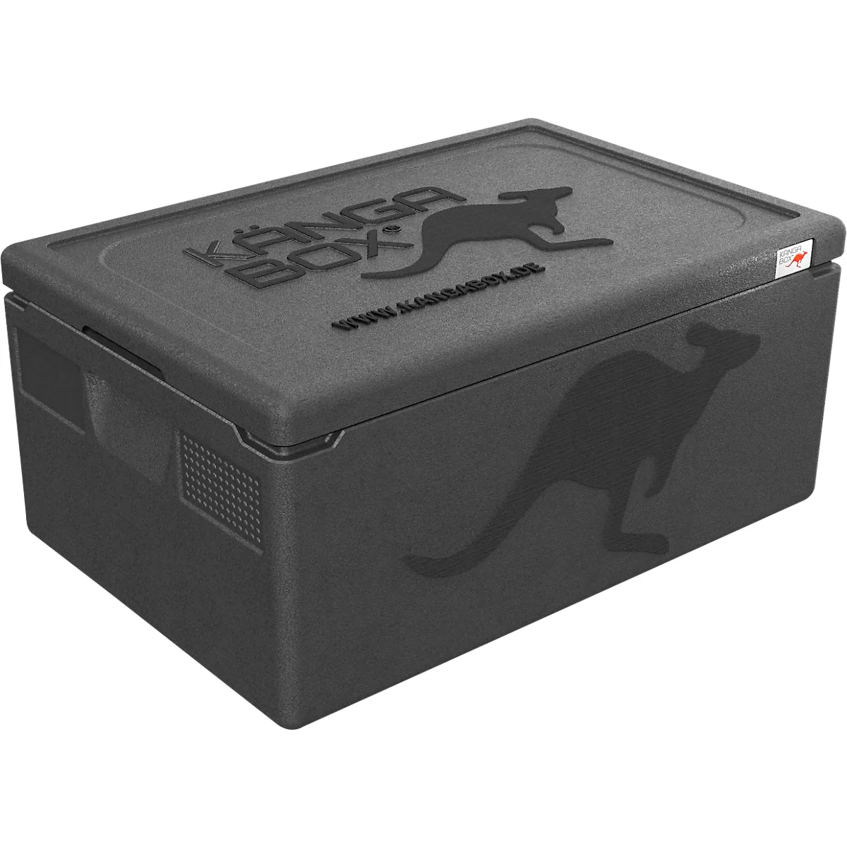 Schwarze isolierte Thermobox der Marke Kängabox mit Känguru-Logo auf Deckel und Seite.