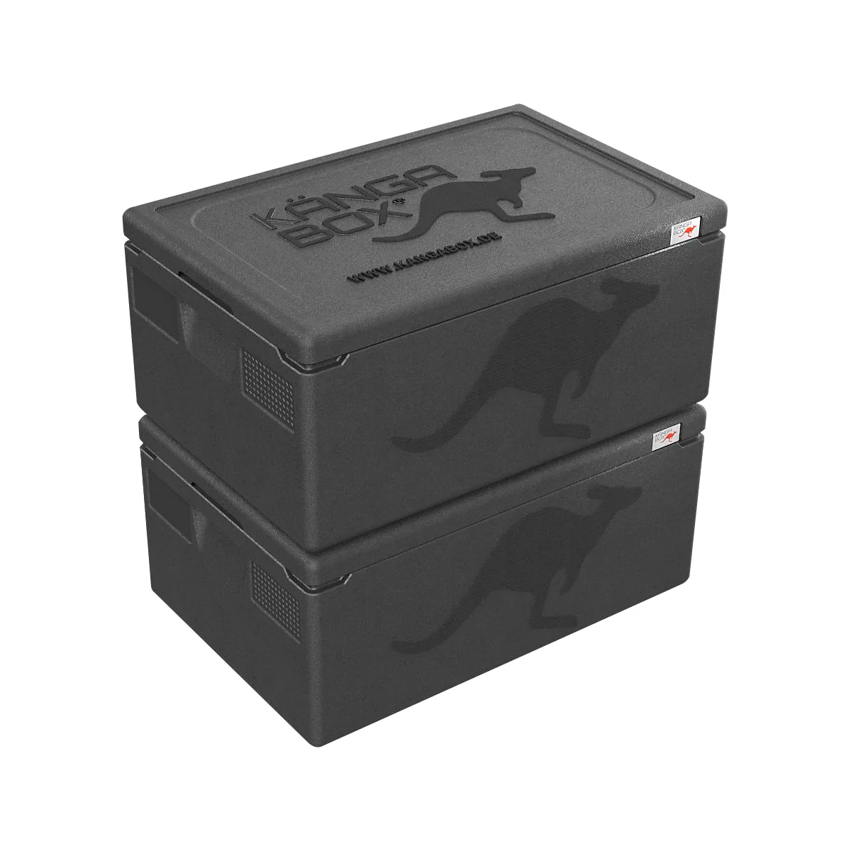 Zwei schwarze, übereinander gestapelte Kangabox Thermoboxen mit Känguru-Logo und Schriftzug auf neutralem Grund.