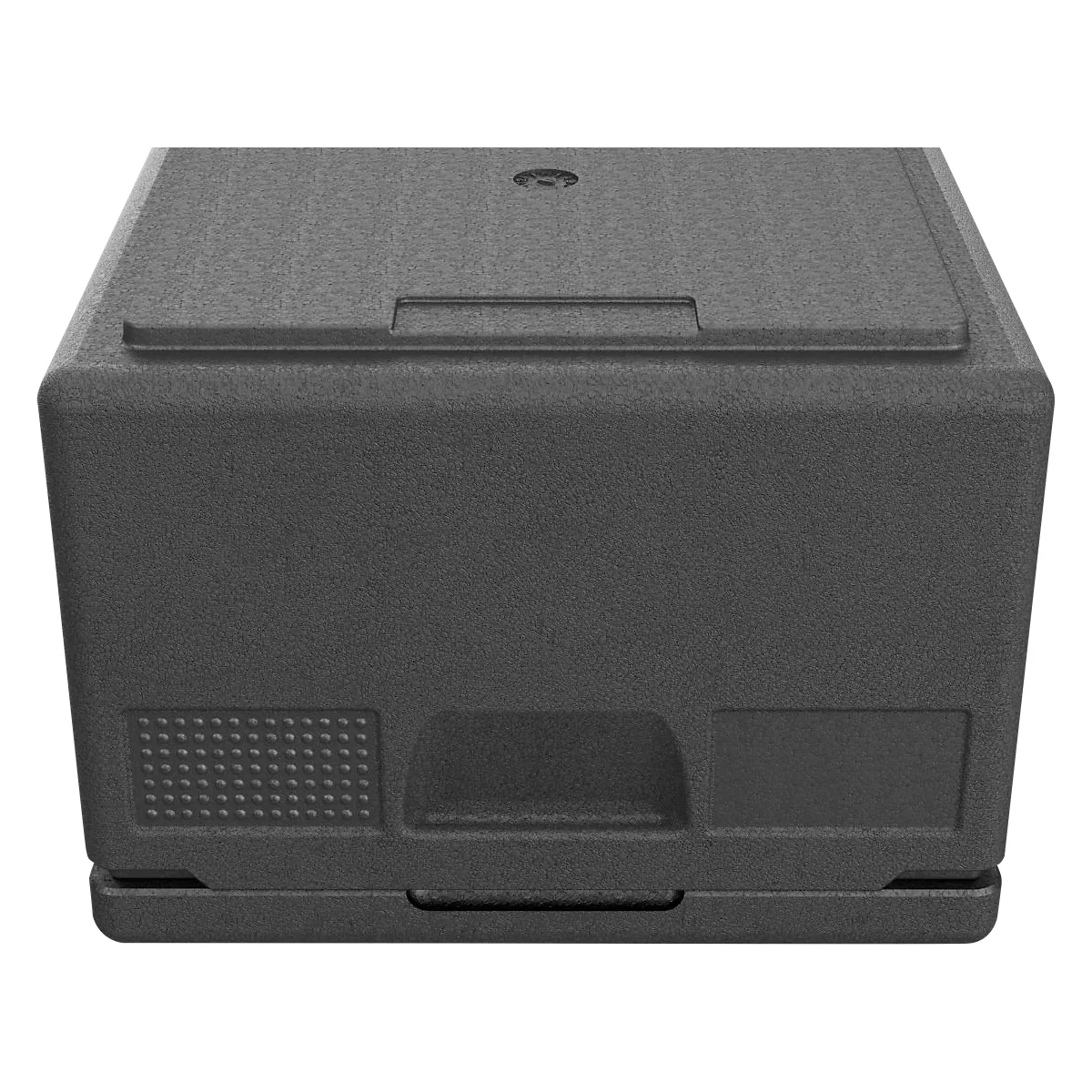 Eine dunkelgraue Isolierbox aus geschäumtem Kunststoff mit glattem Deckel und strukturierter Oberfläche.