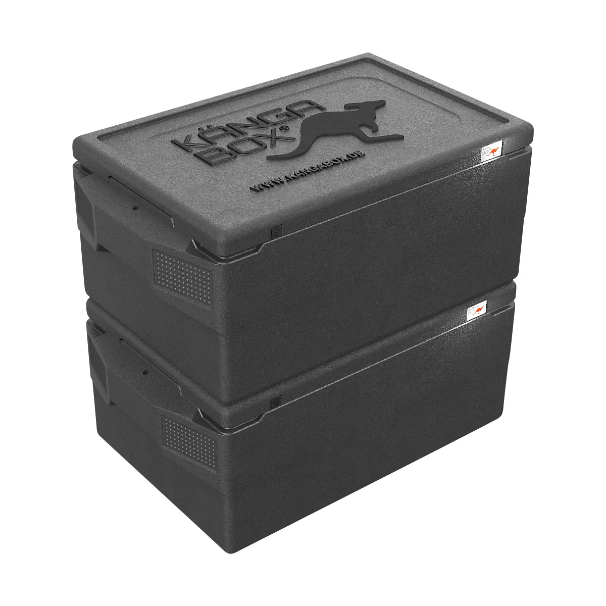 Zwei schwarze, übereinander gestapelte Kangabox-Isolierbehälter aus EPP-Schaum mit Känguru-Logo auf dem Deckel.