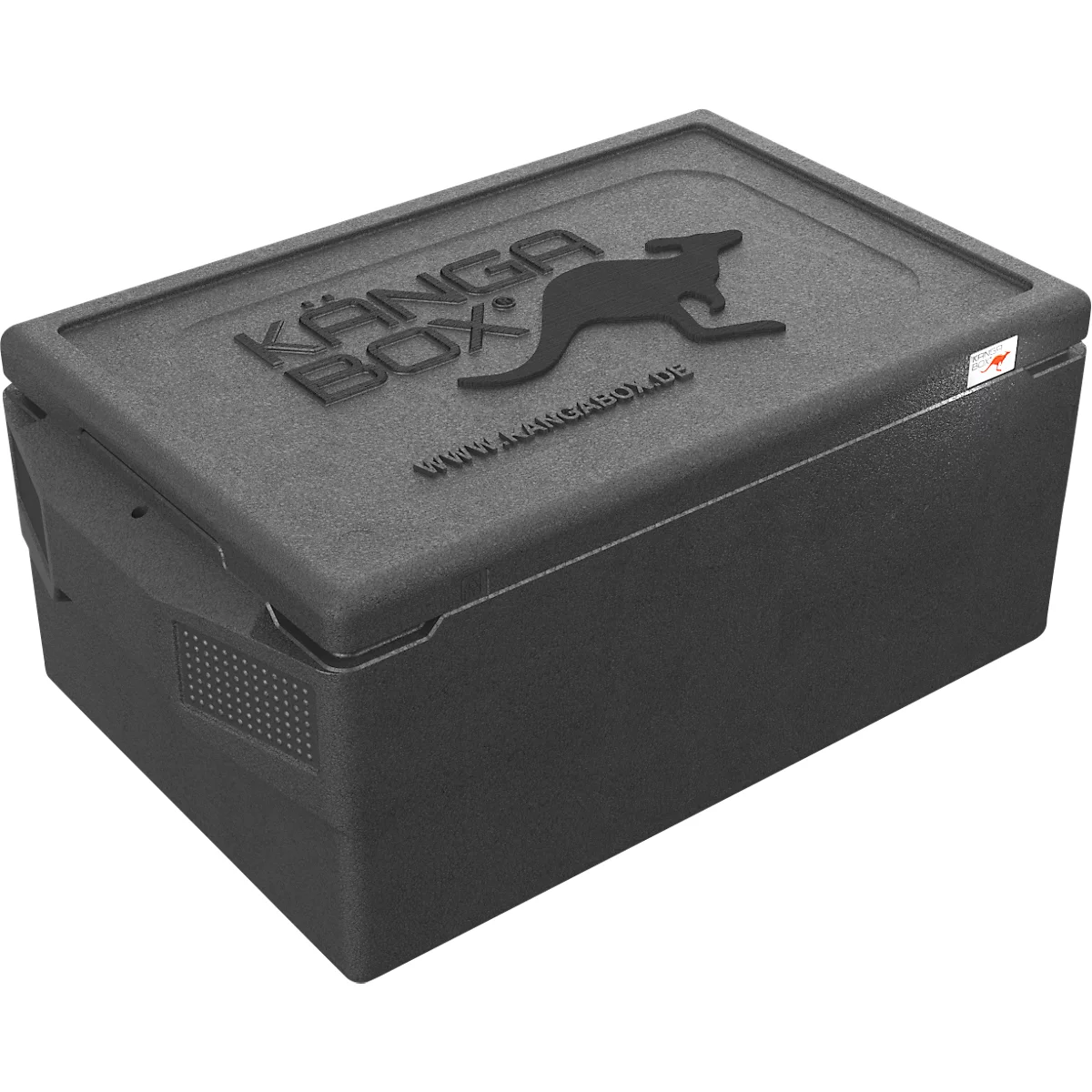 Schwarze isolierte Transportbox KANGABOX mit Känguru-Logo auf dem Deckel.