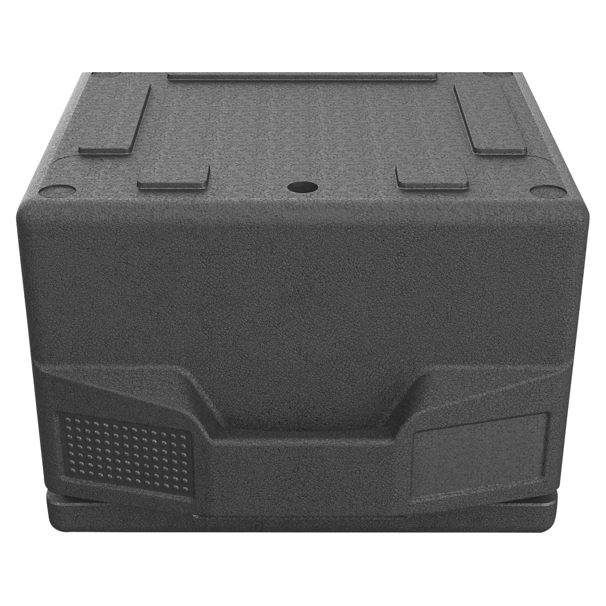 Schwarze Transportbox aus Partikelschaum mit strukturierter Oberfläche und Griffmulden.