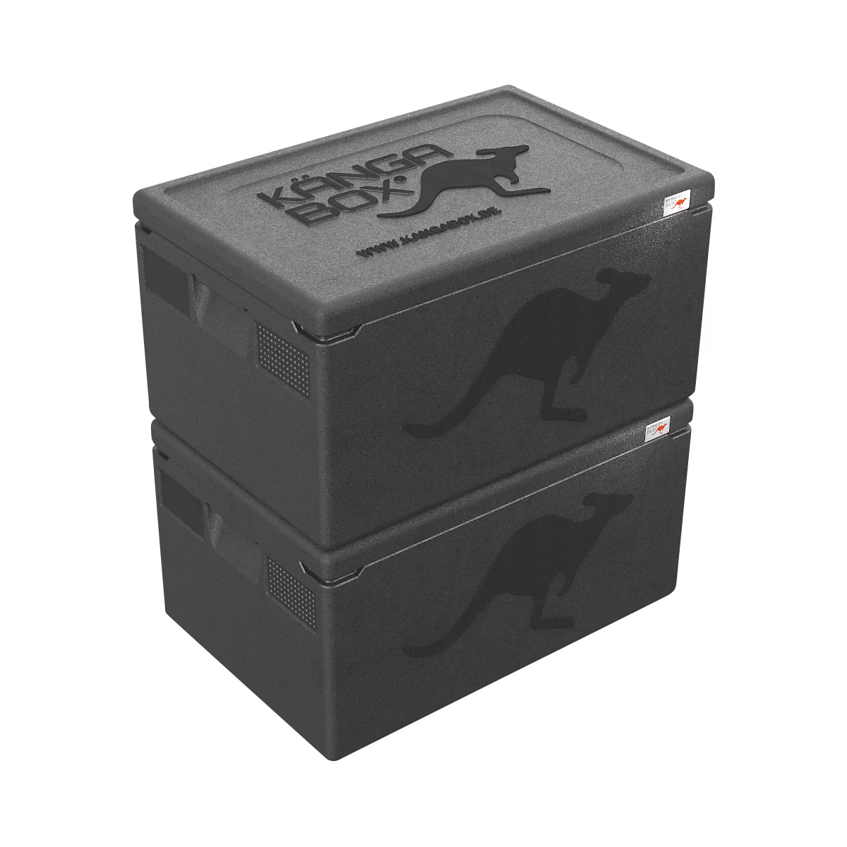 Zwei schwarze Kängabox-Transportboxen aus Styropor übereinander gestapelt mit Känguru-Logo.