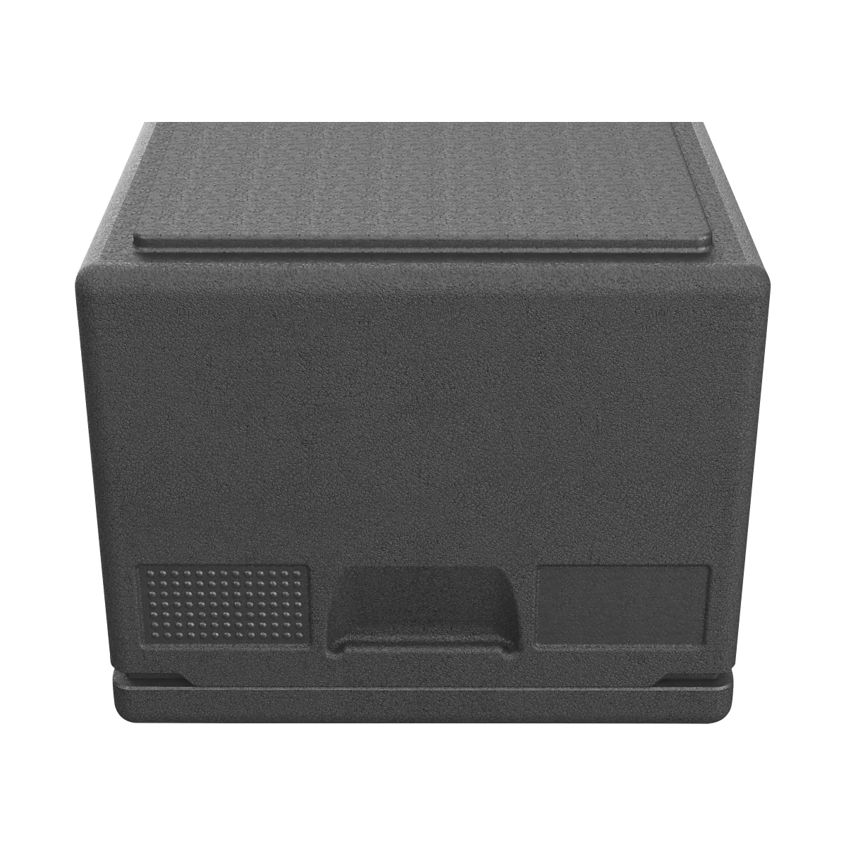 Eine dunkelgraue Isolierbox aus EPP mit glatter Oberfläche und integrierten Griffmulden vor neutralem Hintergrund.