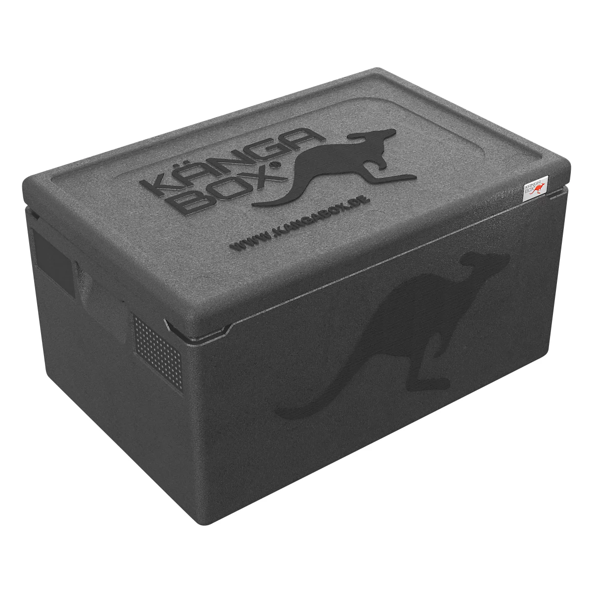 Zwarte koelbox met kangoeroe logo en opschrift. Deksel met logo, opschrift "Kanga Box" en website adres.