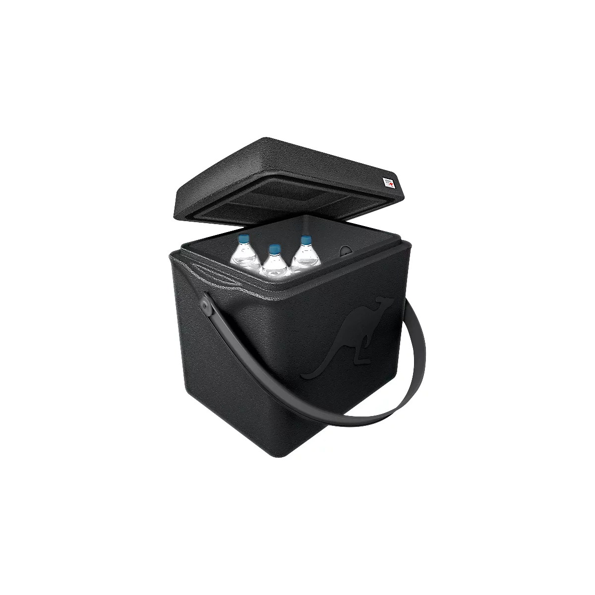 Schwarze Kühlbox mit offenem Deckel, in der drei Wasserflaschen liegen. Der Griff ist sichtbar.