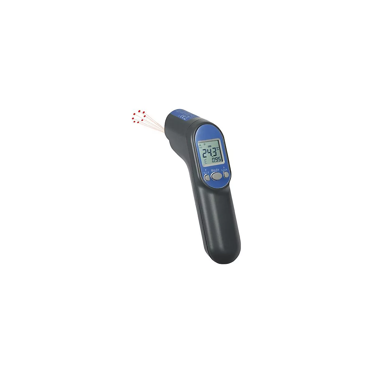 Un thermomètre laser noir avec une poignée bleue affiche 24,3 degrés Celsius. Des points laser rouges rayonnent.