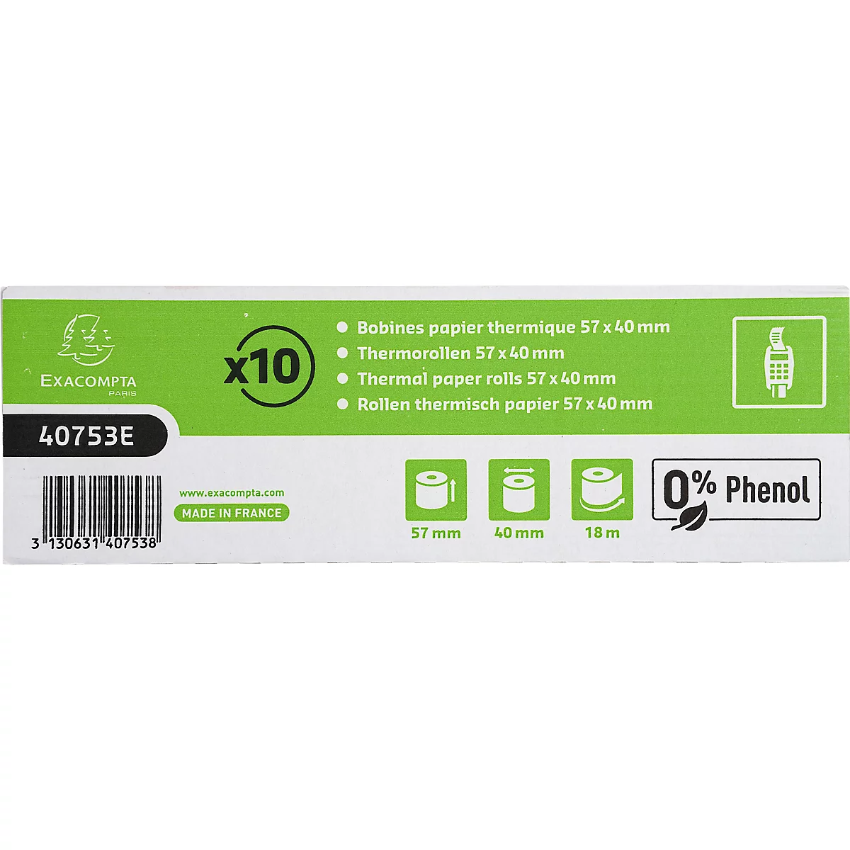 Thermorolle Exacompta 40753E, für alle Thermokassensysteme, L 18 m x B 57 x Ø 40 mm, 1-lagig, phenol-& plastikfrei, FSC®-Papier, weiss, 10 Stück