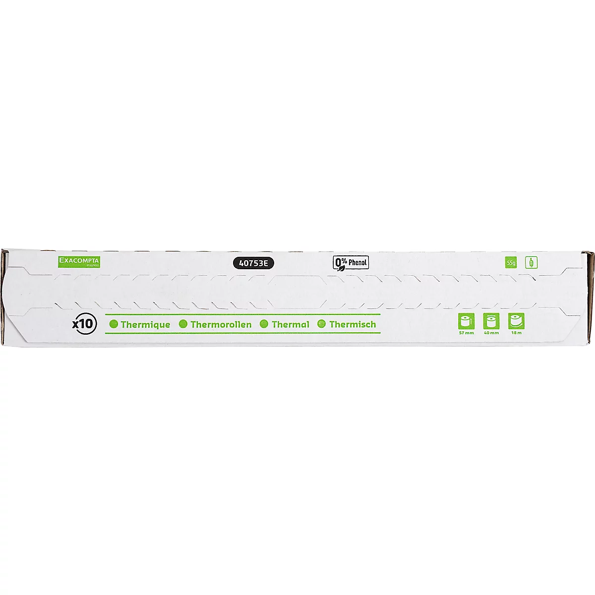 Thermorolle Exacompta 40753E, für alle Thermokassensysteme, L 18 m x B 57 x Ø 40 mm, 1-lagig, phenol-& plastikfrei, FSC®-Papier, weiss, 10 Stück