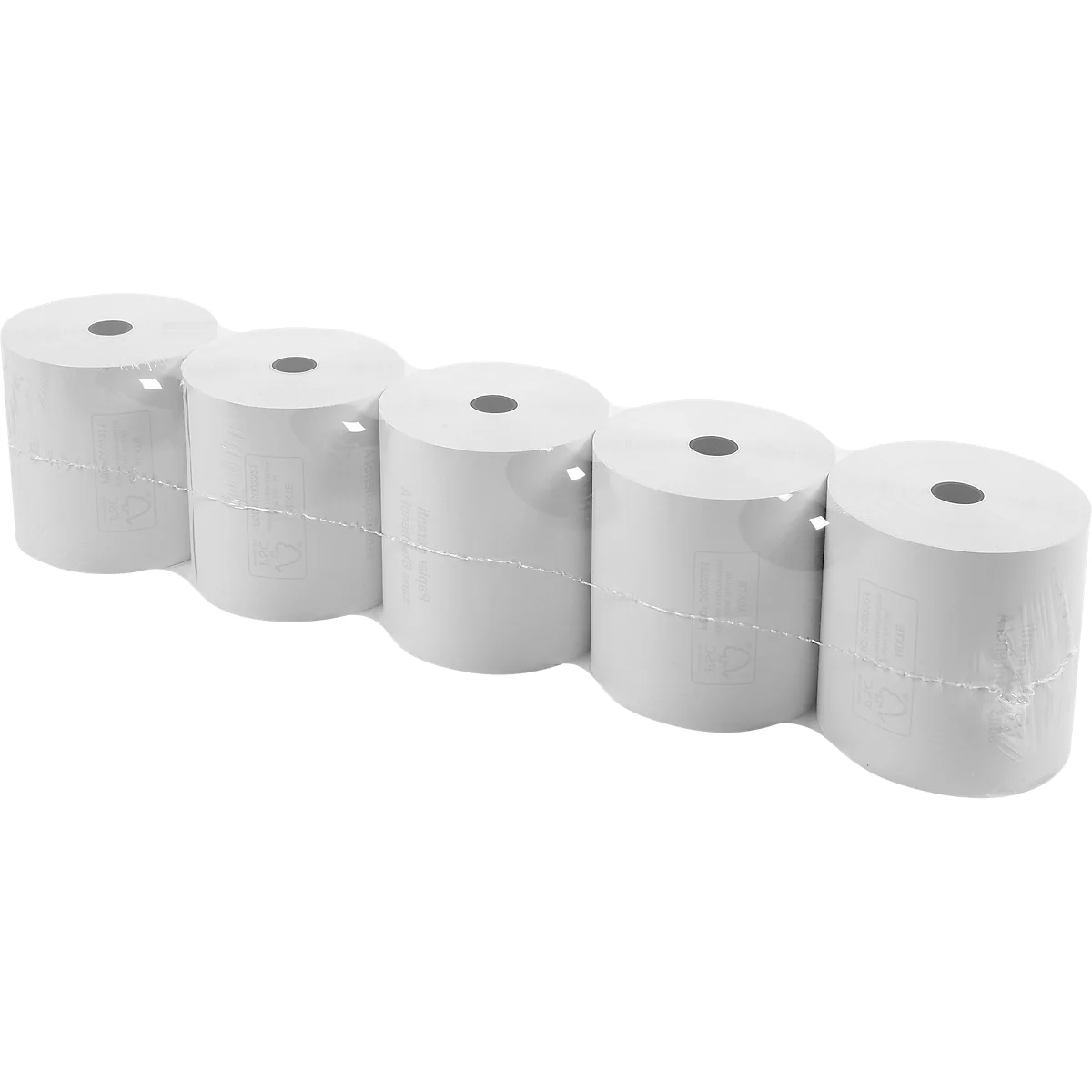 Fünf weiße Papierrollen, verpackt in durchsichtigem Kunststoff.
