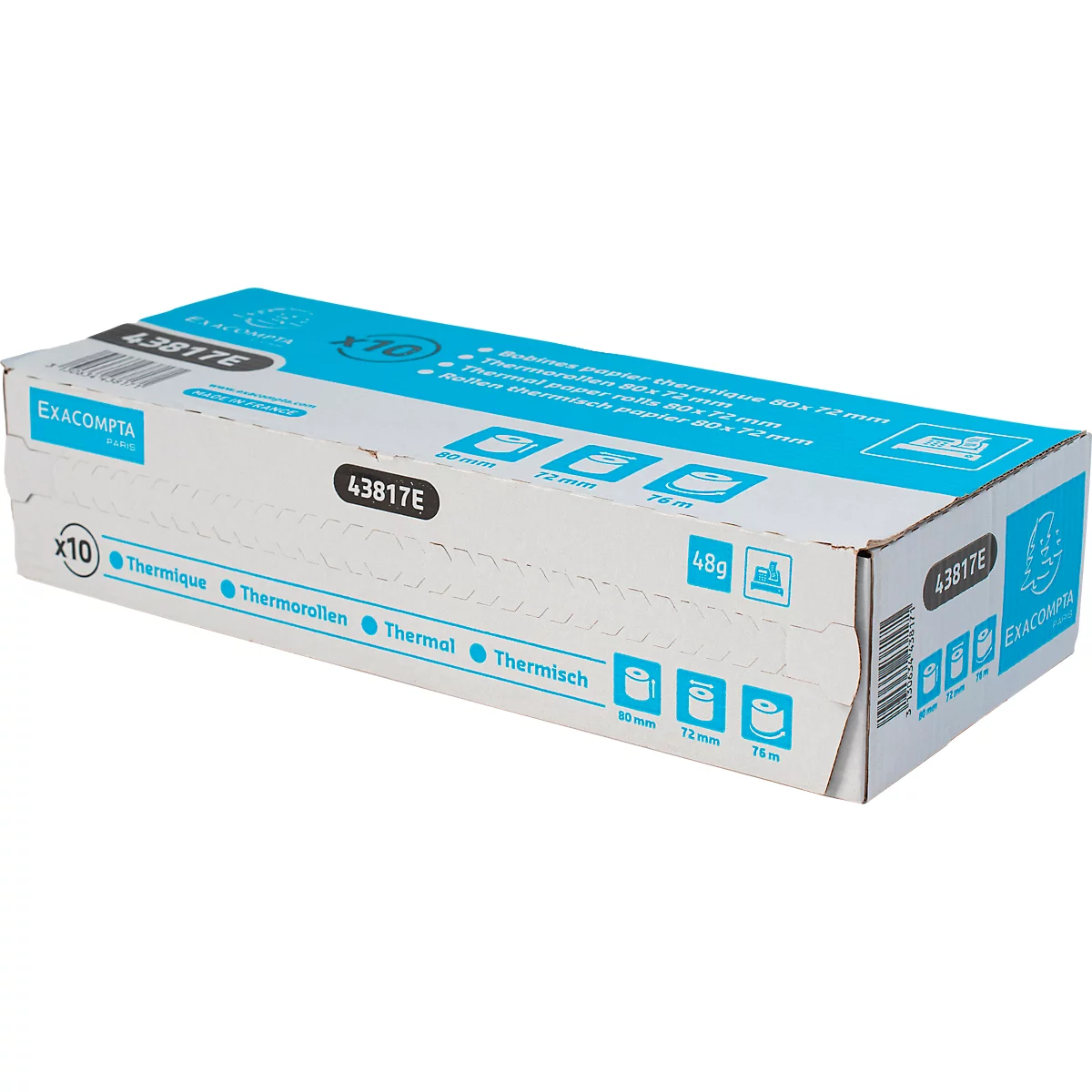 Eine Schachtel Thermorollen mit blauen und weißen Akzenten. Aufgedruckte Informationen.