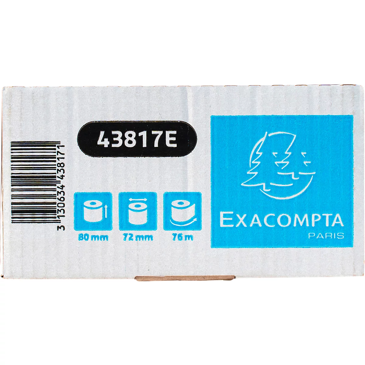 Nahaufnahme einer Produktverpackung mit Aufdrucken und Logos. Schwarze ovale Nummer, blaues Rechteck mit Logo und Schrift.