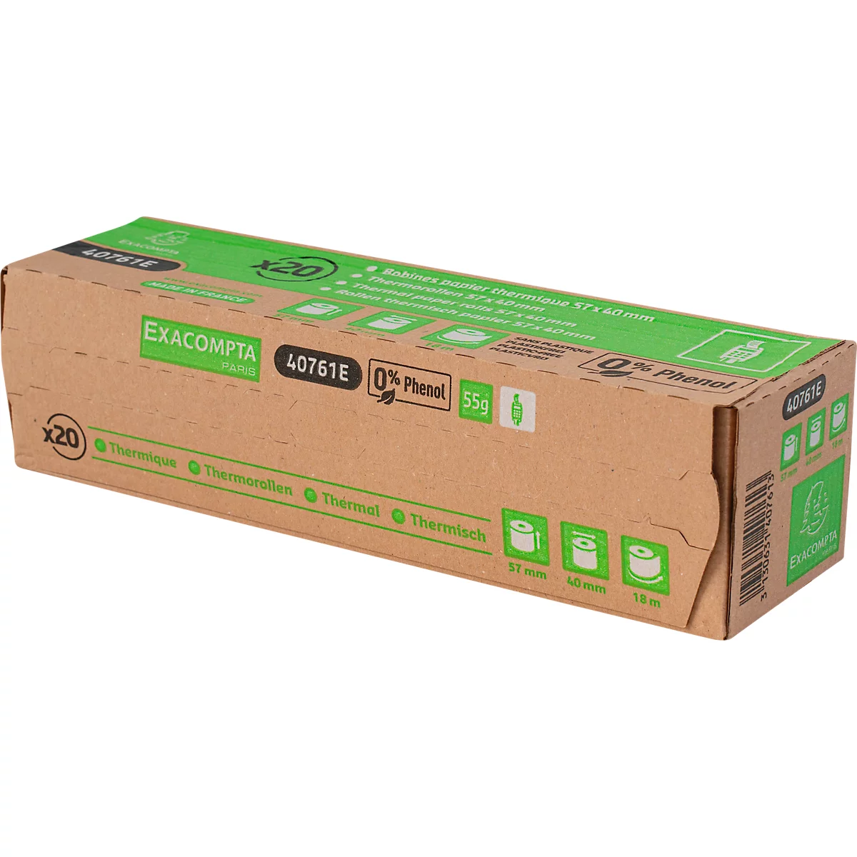 Thermorolle Exacompta, rückseitig bedruckt, 1-lagig, 55 g/m², L 18 m x B 57 mm, Ø 40 mm, 20 Rollen, weiß