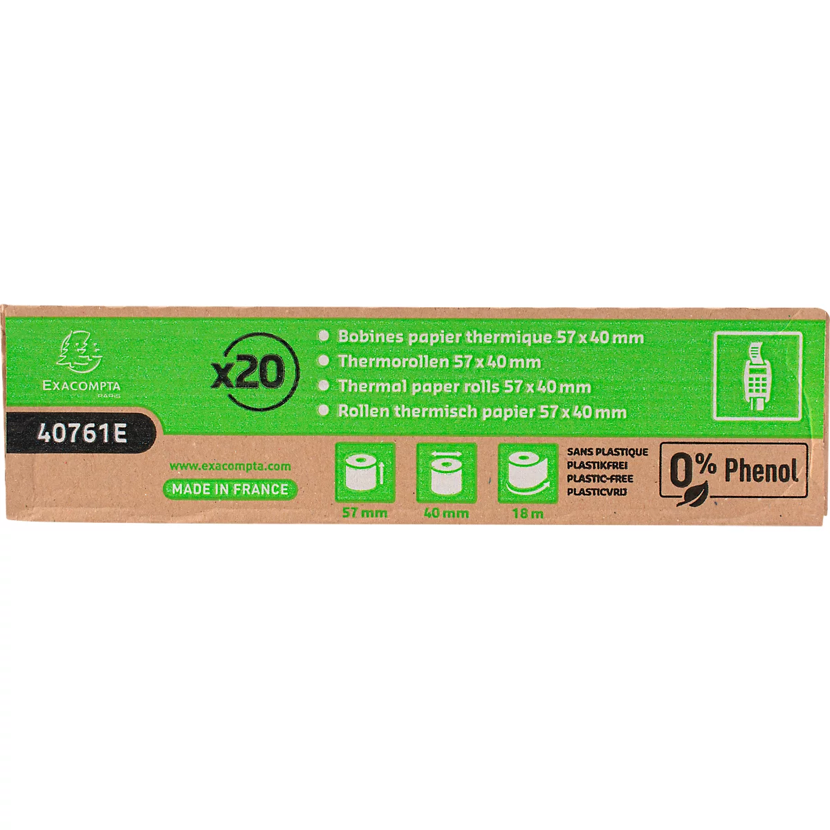 Thermorolle Exacompta, rückseitig bedruckt, 1-lagig, 55 g/m², L 18 m x B 57 mm, Ø 40 mm, 20 Rollen, weiß