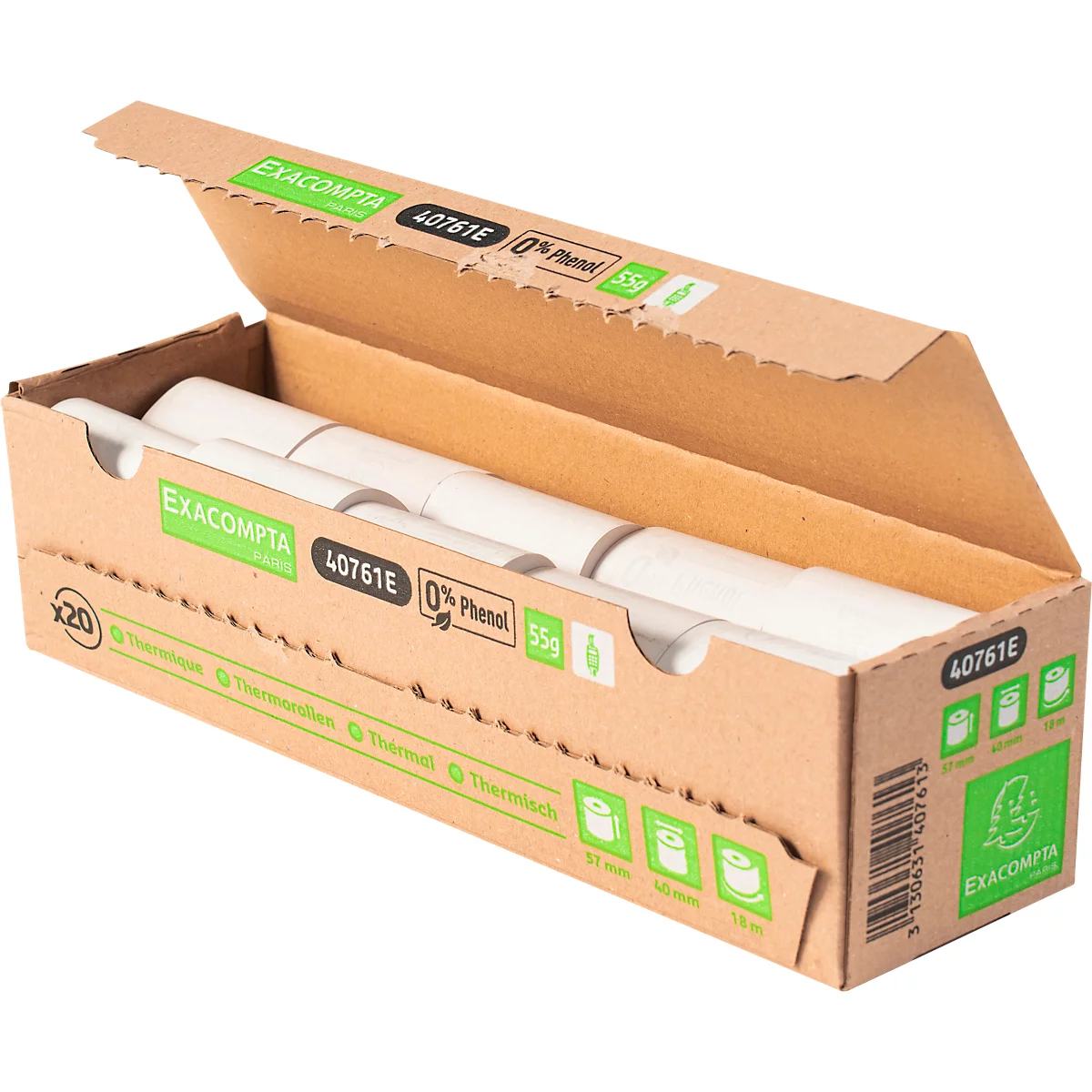 Thermorolle Exacompta, rückseitig bedruckt, 1-lagig, 55 g/m², L 18 m x B 57 mm, Ø 40 mm, 20 Rollen, weiß