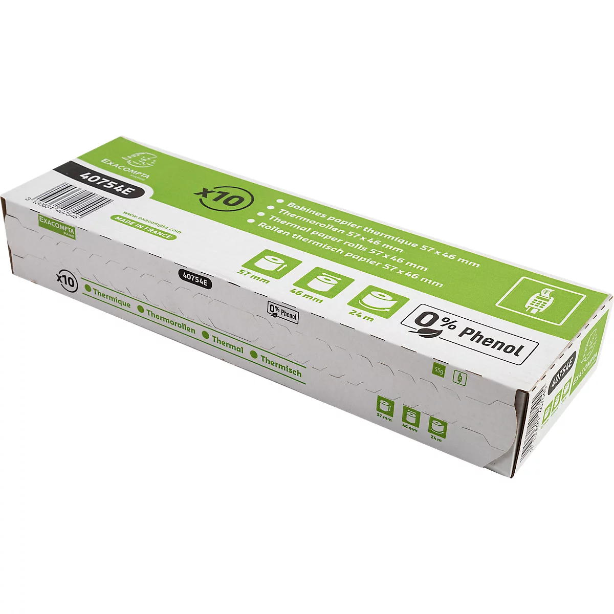 Thermorolle Exacompta, rückseitig bedruckt, 1-lagig, 55 g/m², L 24 m x B 57 mm, Ø 46 mm, 10 Rollen, weiß