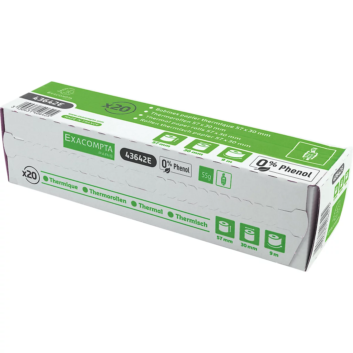 Thermorolle Exacompta, rückseitig bedruckt, 1-lagig, 55 g/m², L 9 m x B 57 mm, Ø 30 mm, 20 Rollen, weiß