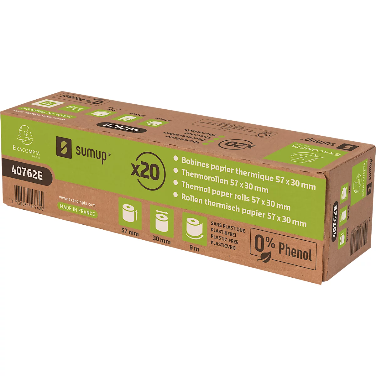 Thermorolle Exacompta SumUp® 40762E, für SumUp® Kartenzahlungsterminals mit Drucker, L 9 m x B 57 x Ø 30 mm, 1-lagig, phenol-& plastikfrei, FSC®-Papier, weiss, 20 Stück