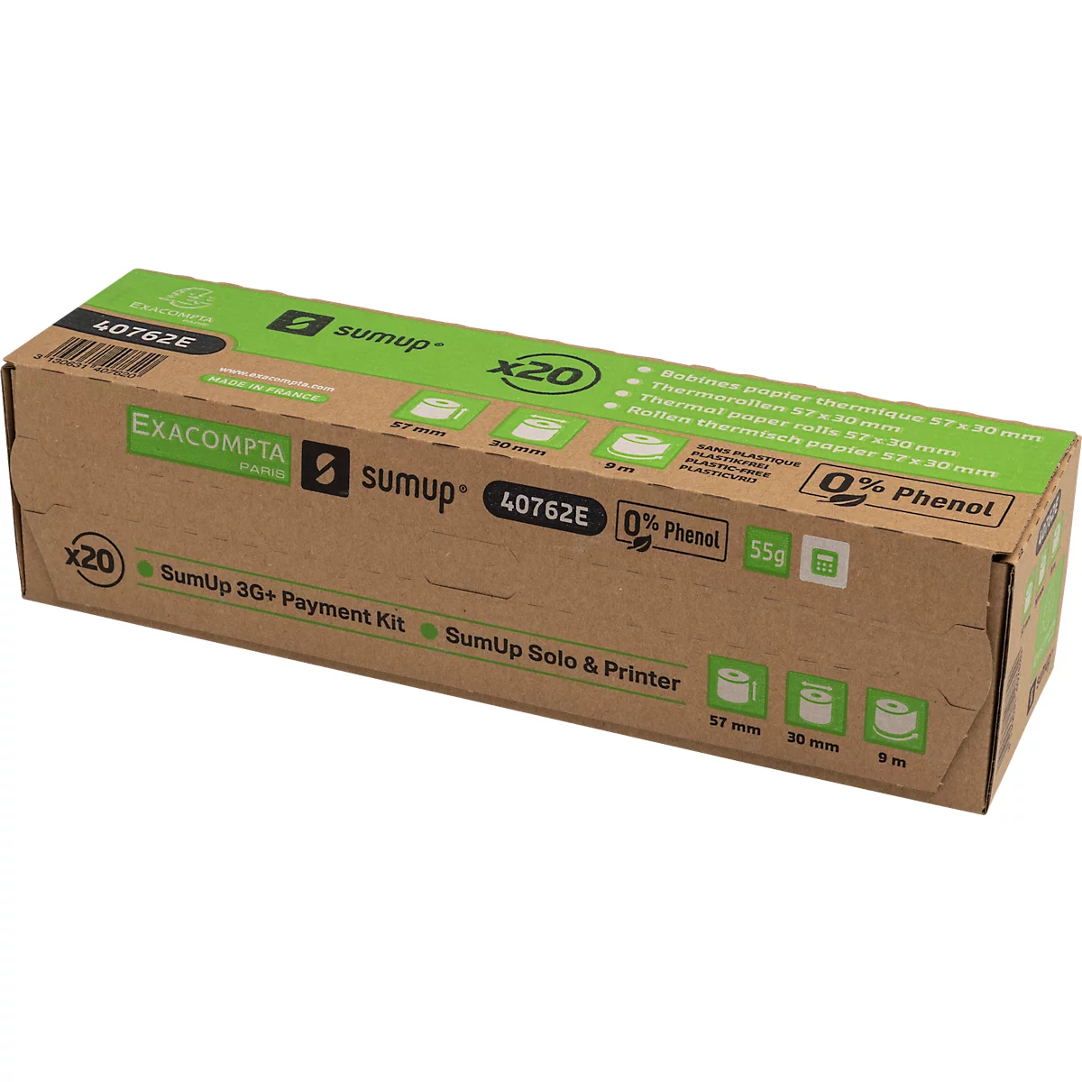 Thermorolle Exacompta SumUp® 40762E, für SumUp® Kartenzahlungsterminals mit Drucker, L 9 m x B 57 x Ø 30 mm, 1-lagig, phenol-& plastikfrei, FSC®-Papier, weiss, 20 Stück