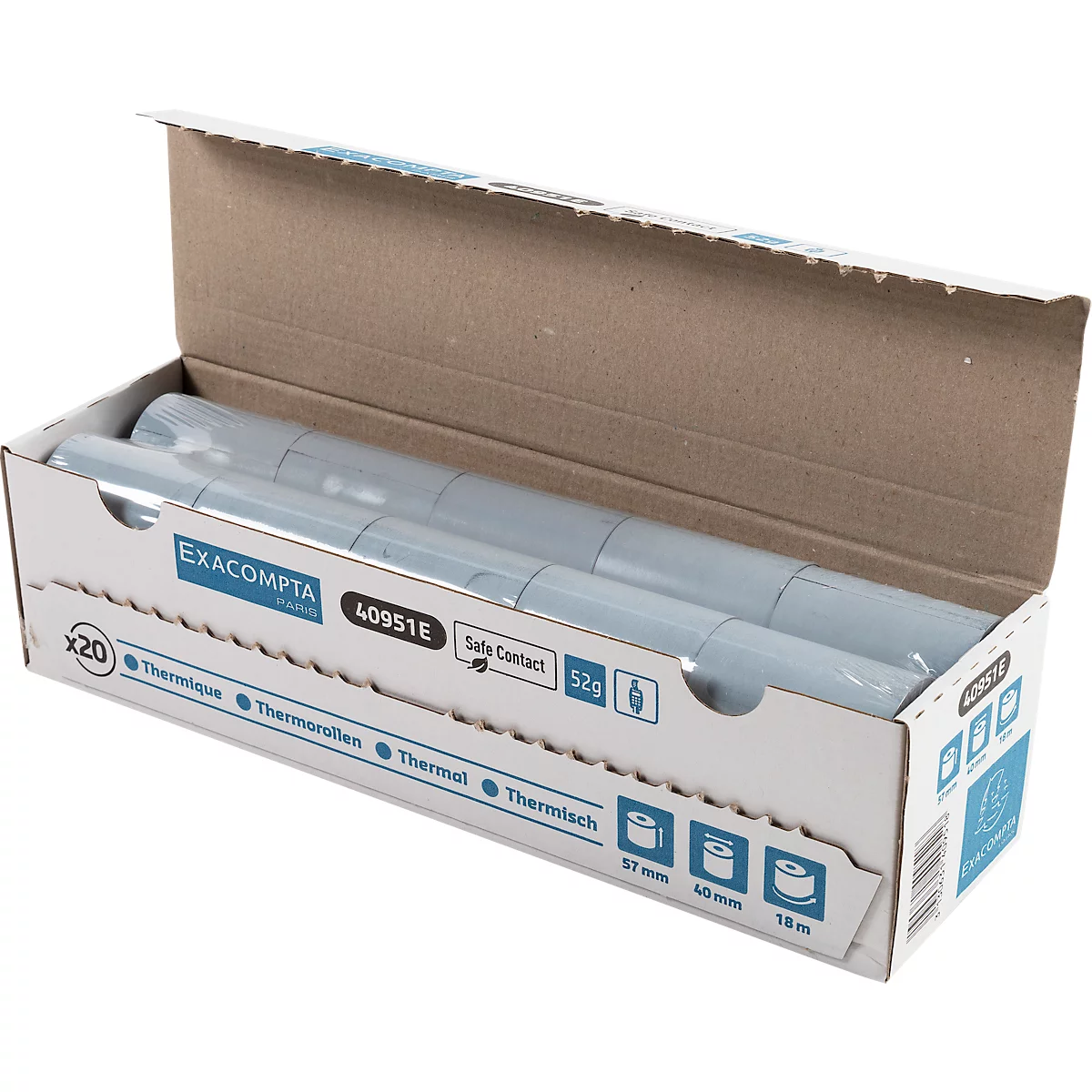 Thermorolle Safe Contact, 1-lagig, 52 g/m², B 57 mm x L 18 m, 40 mm Ø, 20 Rollen, blaugrau
