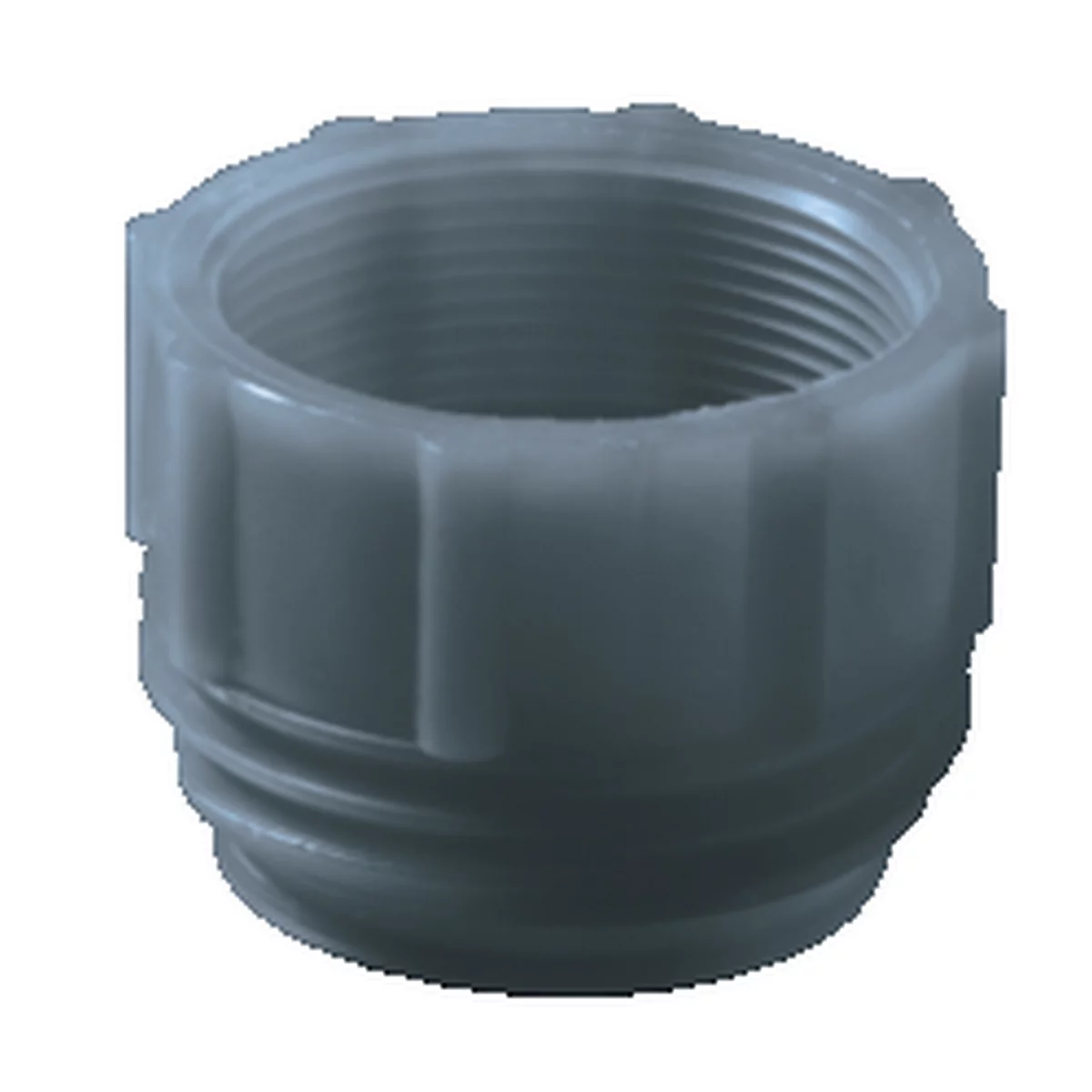 Grey plastic threaded fitting with internal and external threads. Detailed grooves and a hexagonal structure.