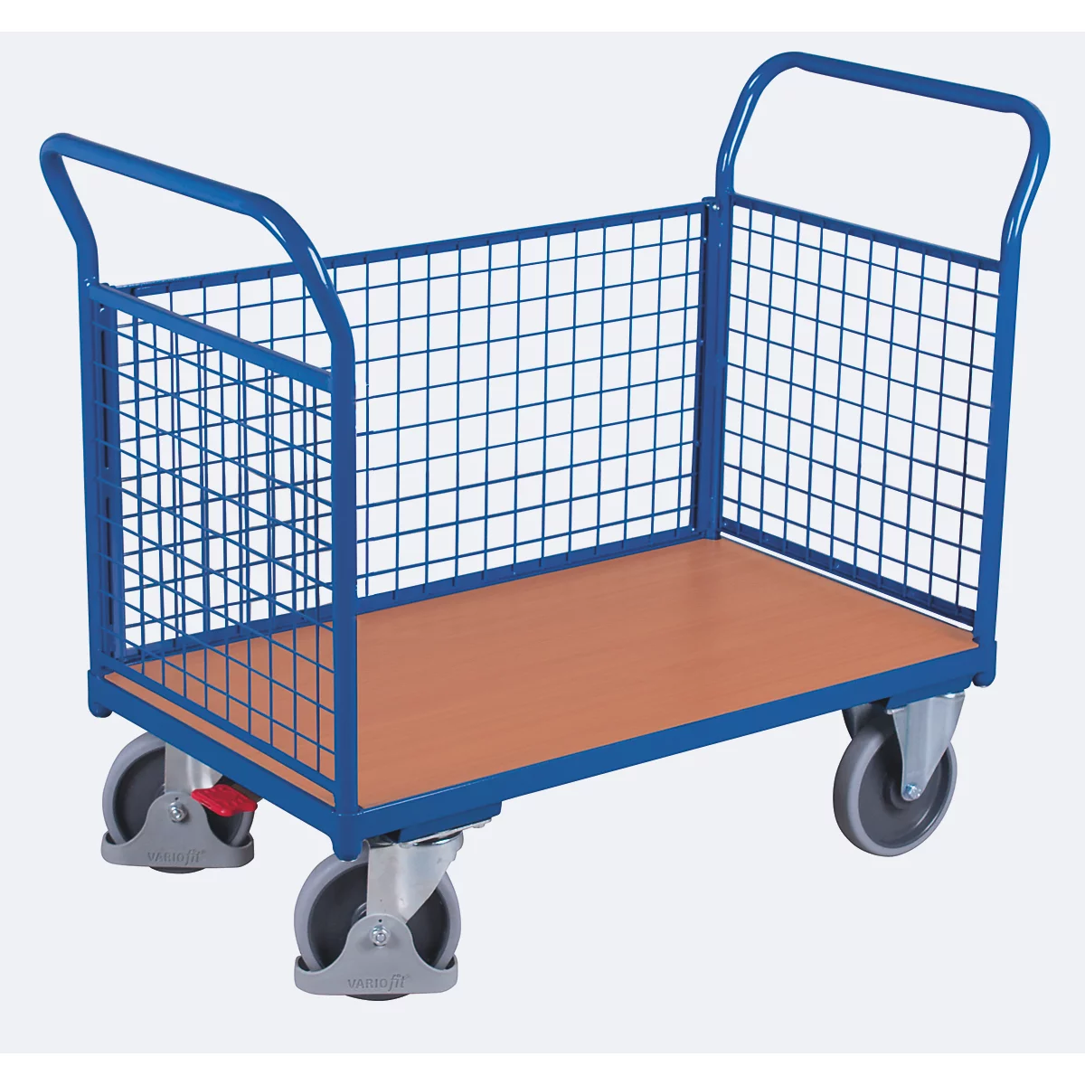 Blue transport cart with wire mesh walls, wooden plate and wheels.