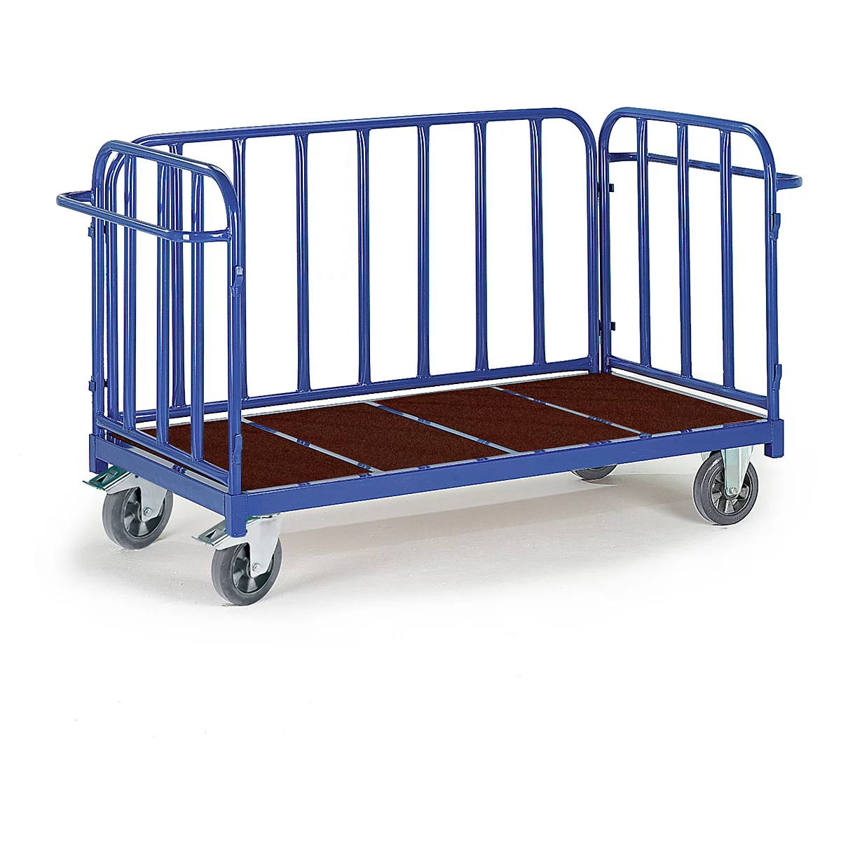 Blue transport trolley with brown loading area and grids. It stands on four wheels. Handle and grids protect the load.