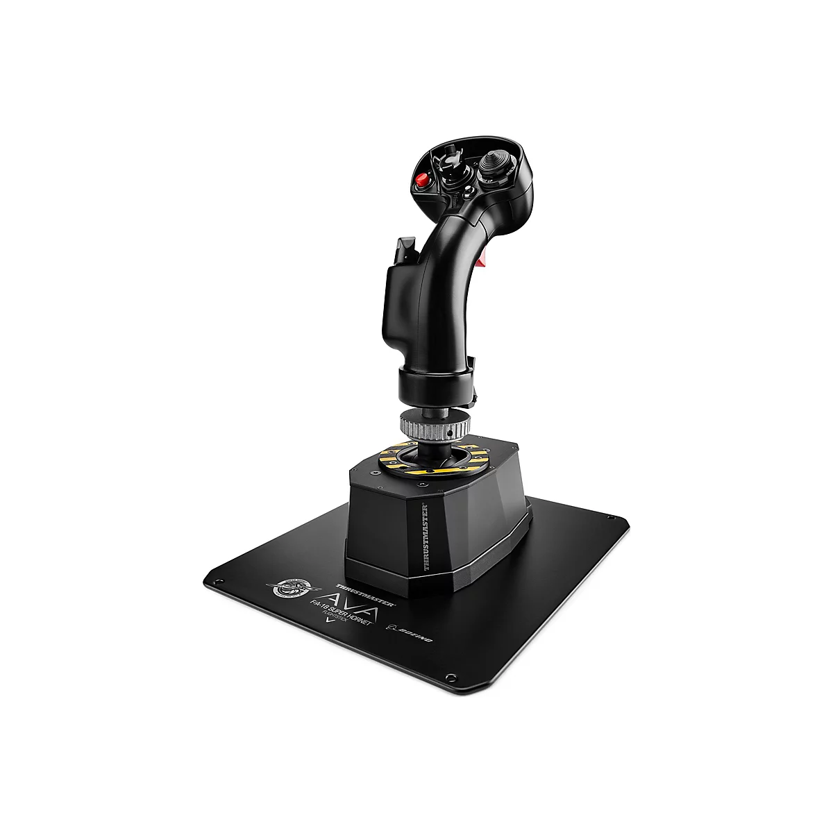 Schwarzer Thrustmaster AVA Flightstick für Flugsimulationen auf einer flachen, quadratischen Metallbasis.