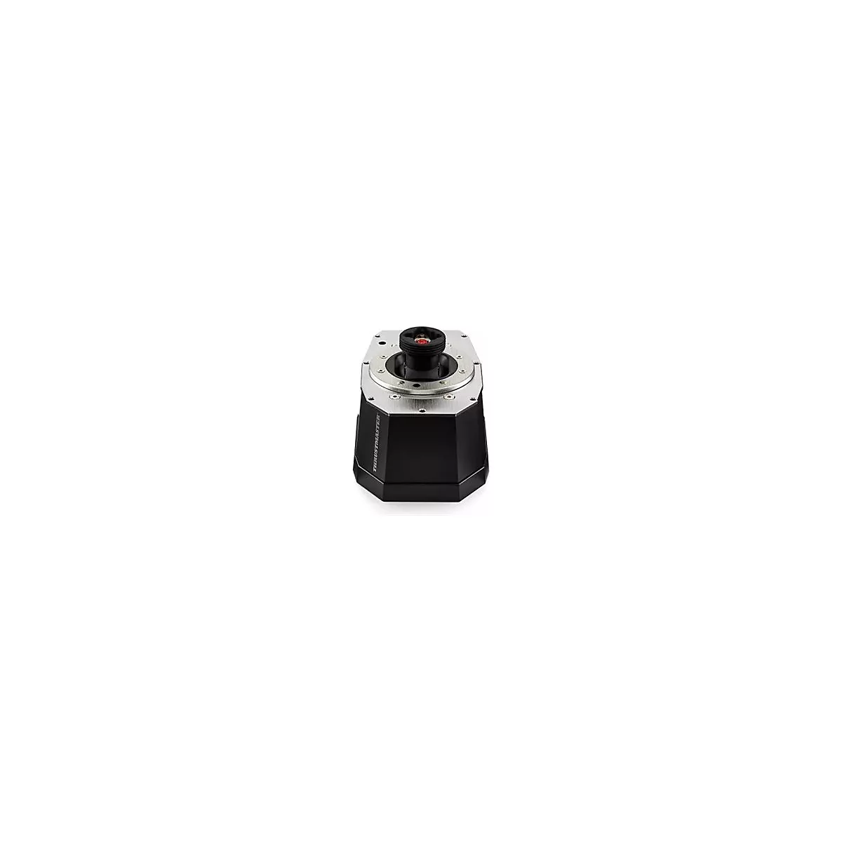 Schwarze Thrustmaster Rennsimulator-Basis mit silberner Montageplatte vor weißem Hintergrund.
