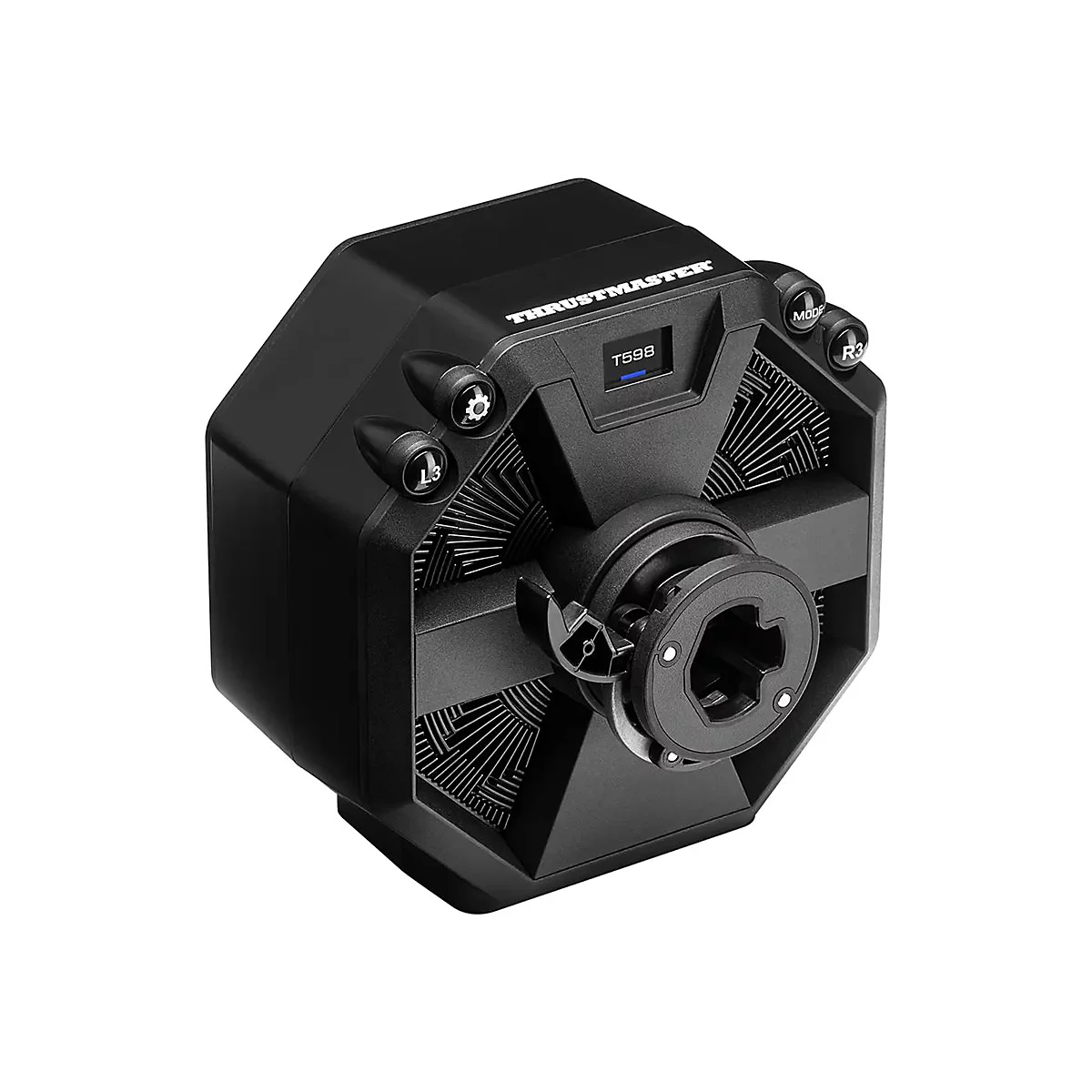 Schwarze Thrustmaster T598 Direct-Drive Rennspiel-Basis vor weißem Hintergrund.