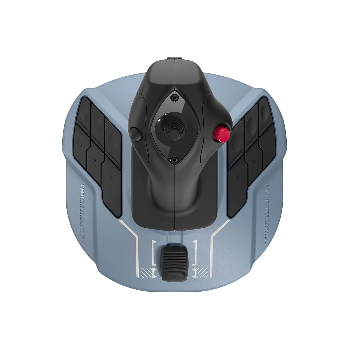 Grauer Gaming-Joystick mit schwarzem Griff, rotem Knopf und Thrustmaster-Logo auf hellem Hintergrund.
