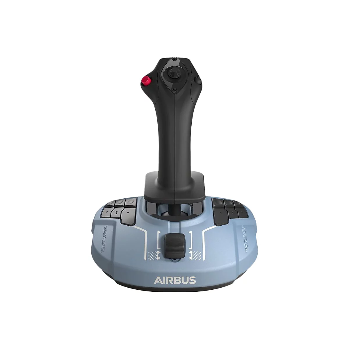Blauer Airbus-Joystick von Thrustmaster mit schwarzem Griff, roter Taste und weißem Airbus-Schriftzug auf weißem Grund.