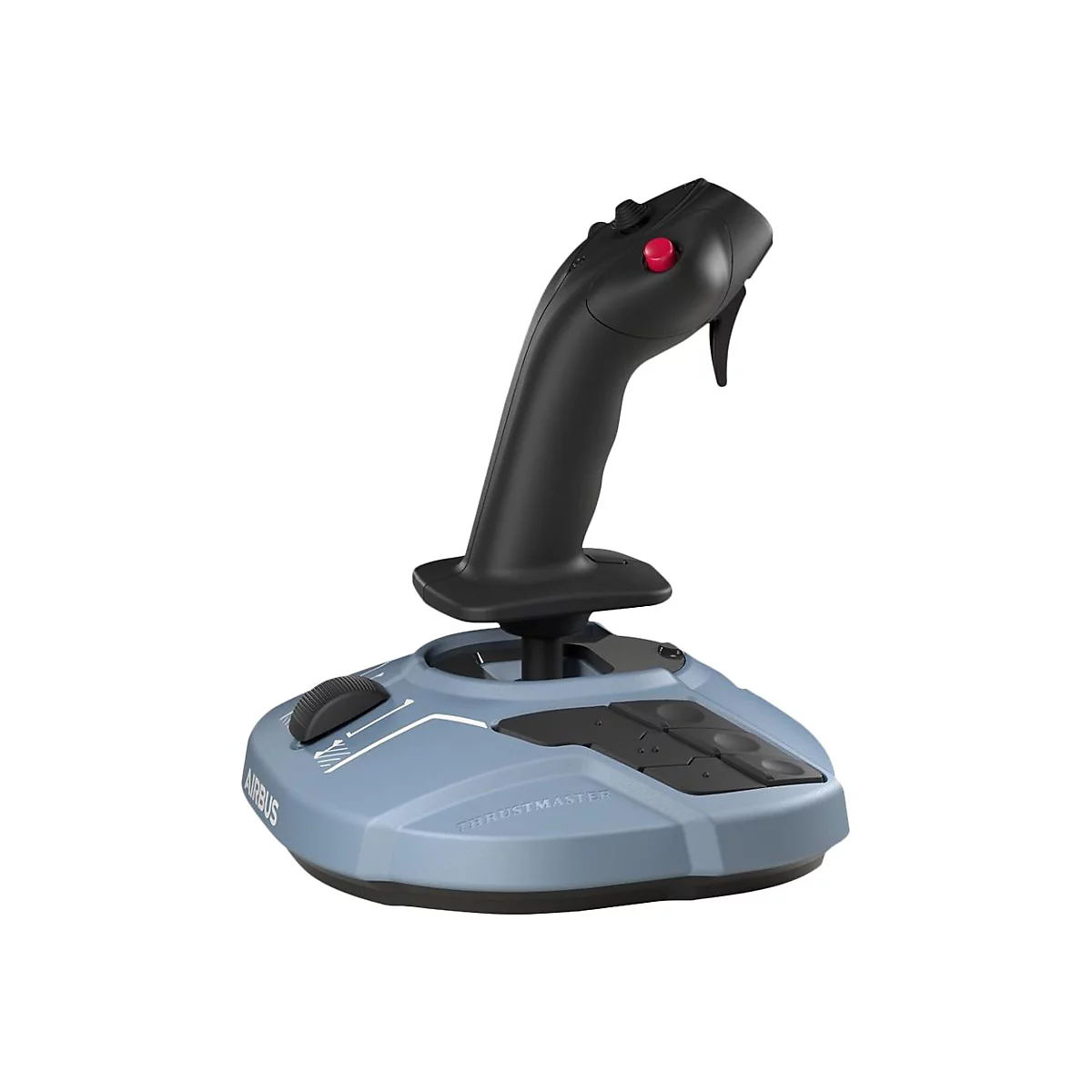 Schwarzer Thrustmaster Airbus Joystick auf hellblauem Sockel vor weißem Hintergrund.