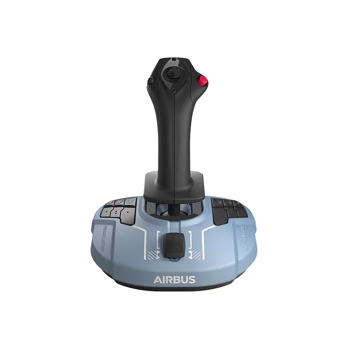 Schwarzer Airbus Joystick von Thrustmaster auf hellblauem Sockel vor weißem Hintergrund.