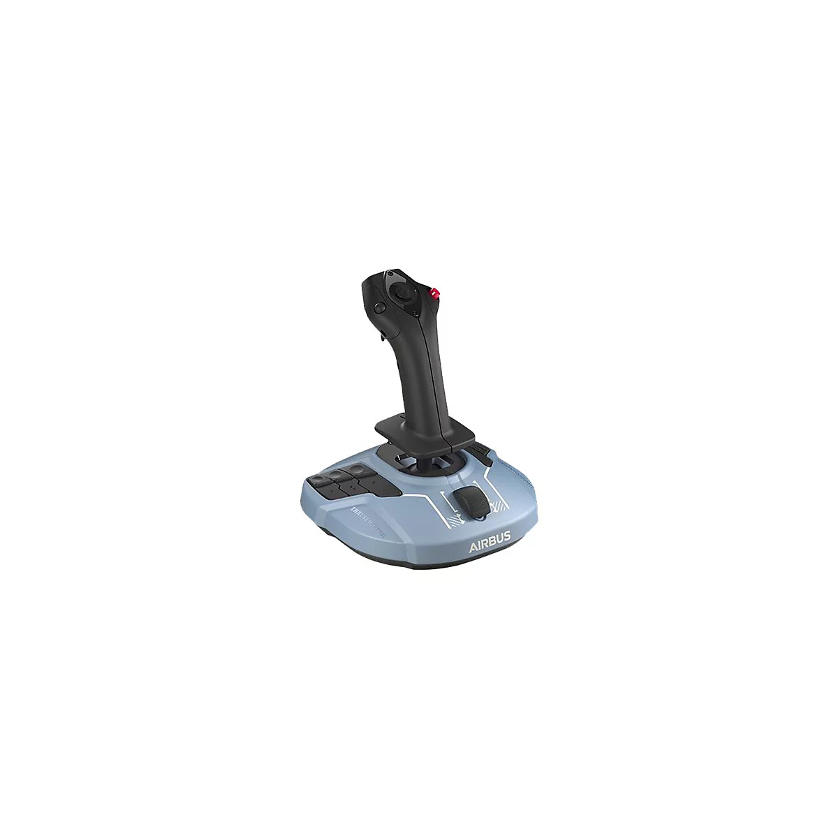 Schwarzer Flight-Stick mit hellblauer Basis, Airbus-Branding und verschiedenen Steuerelementen auf weißem Hintergrund.