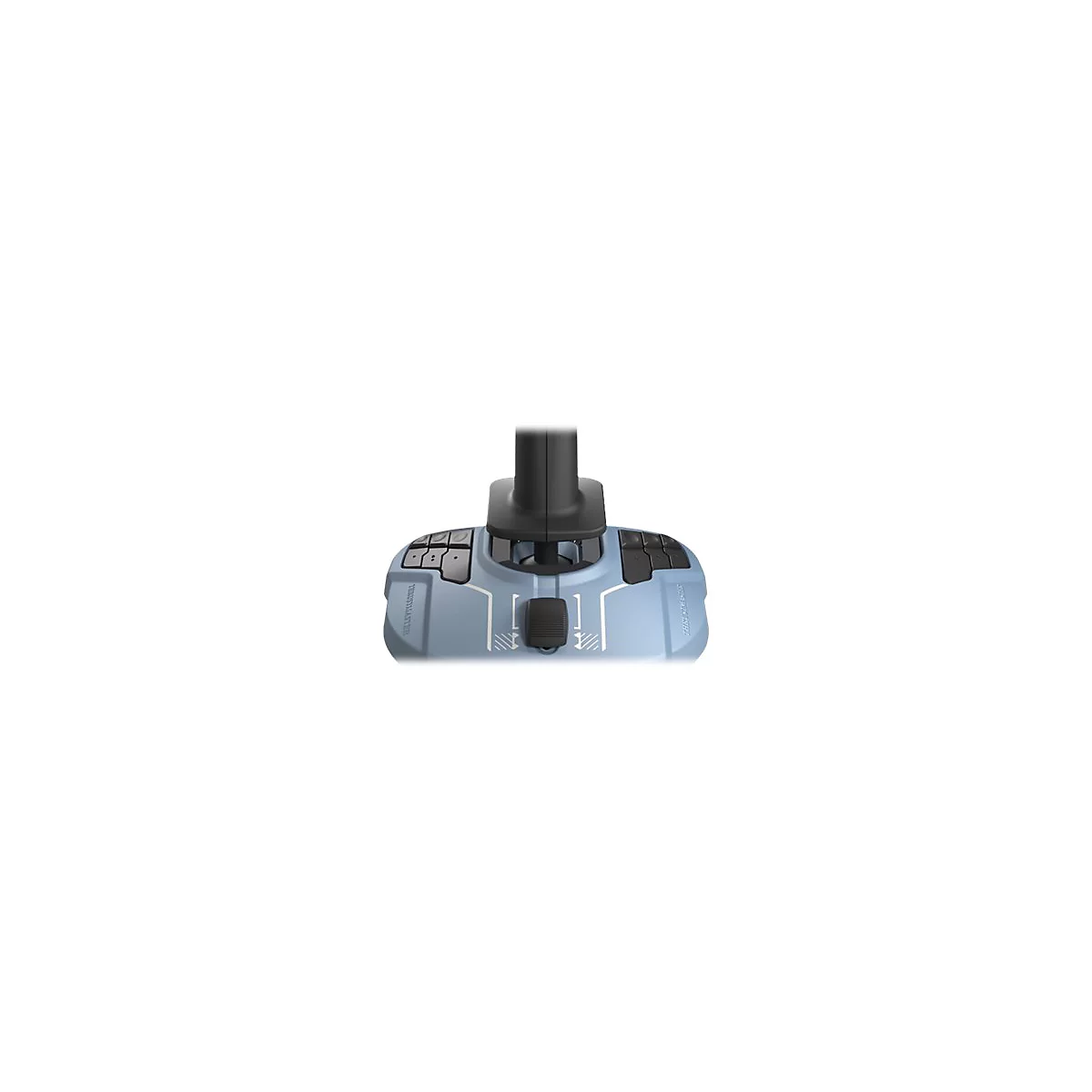 Nahaufnahme der Basis eines hellblauen Thrustmaster Joysticks mit schwarzen Tasten und einem Schieberegler.